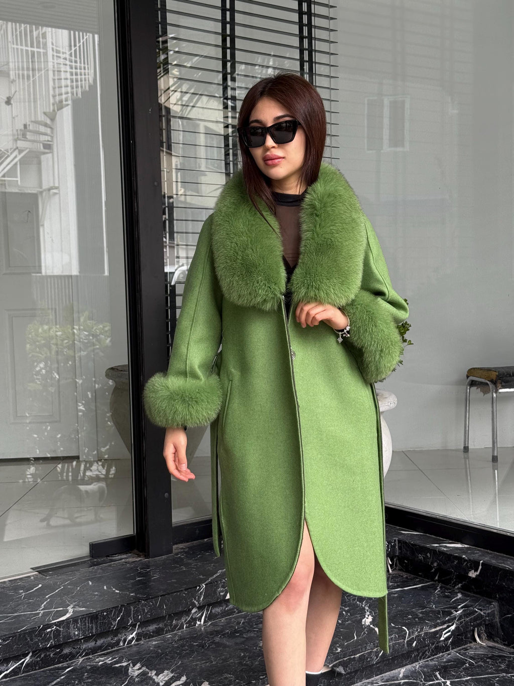 Green Handmade Women Alpaca Coat With Fox Fur , Luxury Outwear | Natural Alpaca Wool Coat | Soft & Warm – Handmade Women’s Outerwear