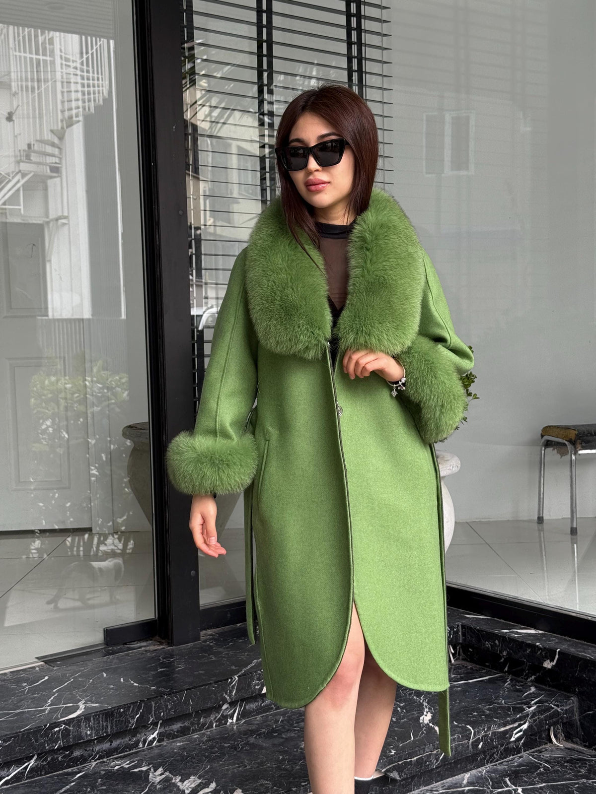 Green Handmade Women Alpaca Coat With Fox Fur , Luxury Outwear | Natural Alpaca Wool Coat | Soft & Warm – Handmade Women’s Outerwear