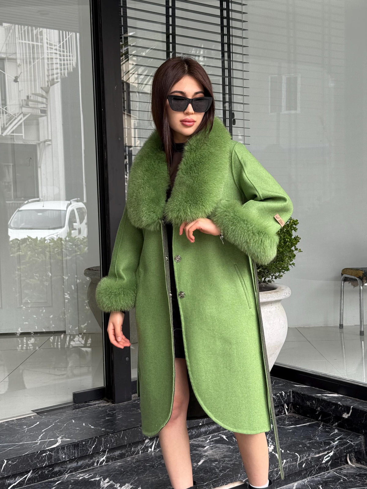 Green Handmade Women Alpaca Coat With Fox Fur , Luxury Outwear | Natural Alpaca Wool Coat | Soft & Warm – Handmade Women’s Outerwear
