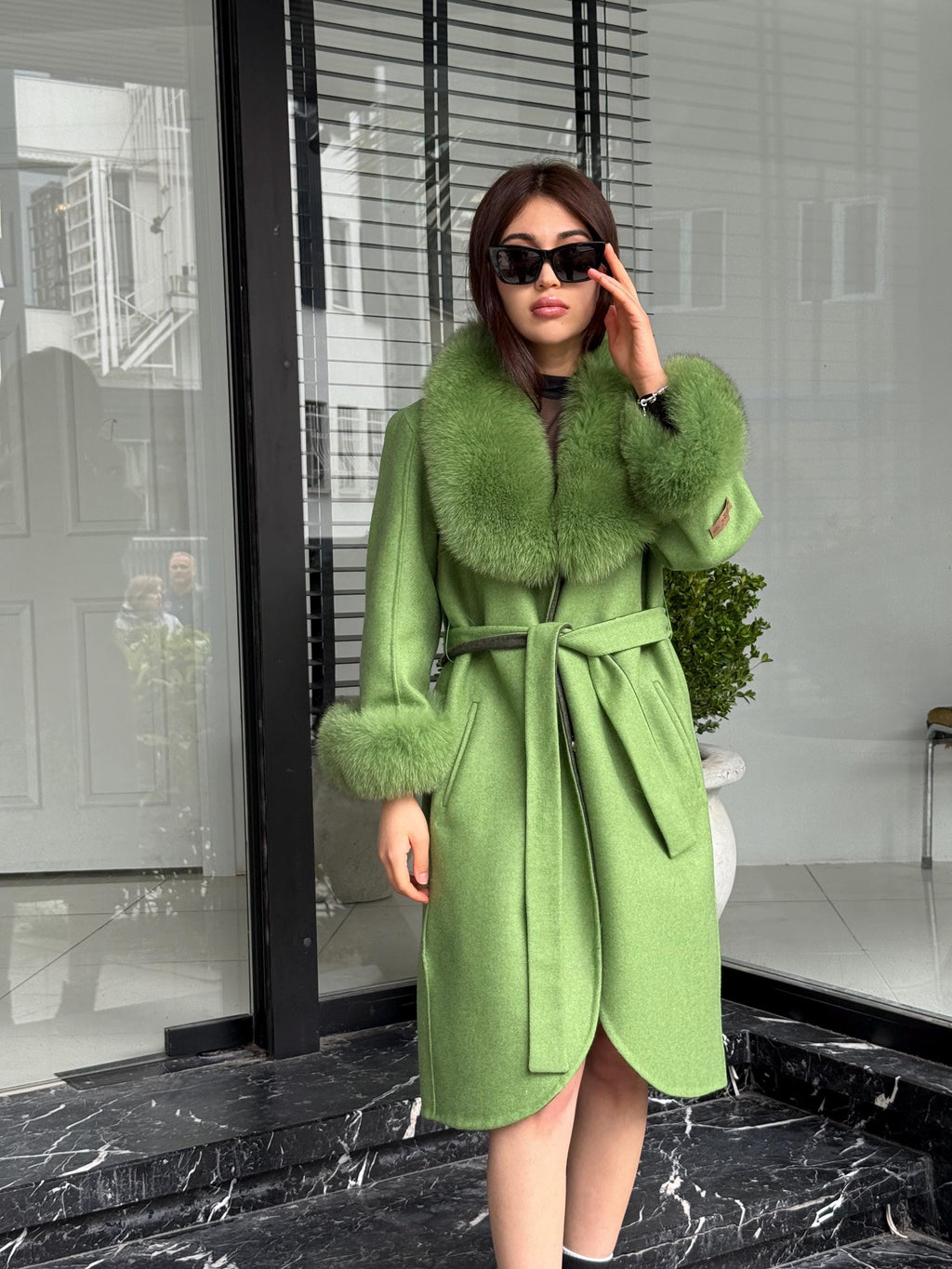 Green Handmade Women Alpaca Coat With Fox Fur , Luxury Outwear | Natural Alpaca Wool Coat | Soft & Warm – Handmade Women’s Outerwear