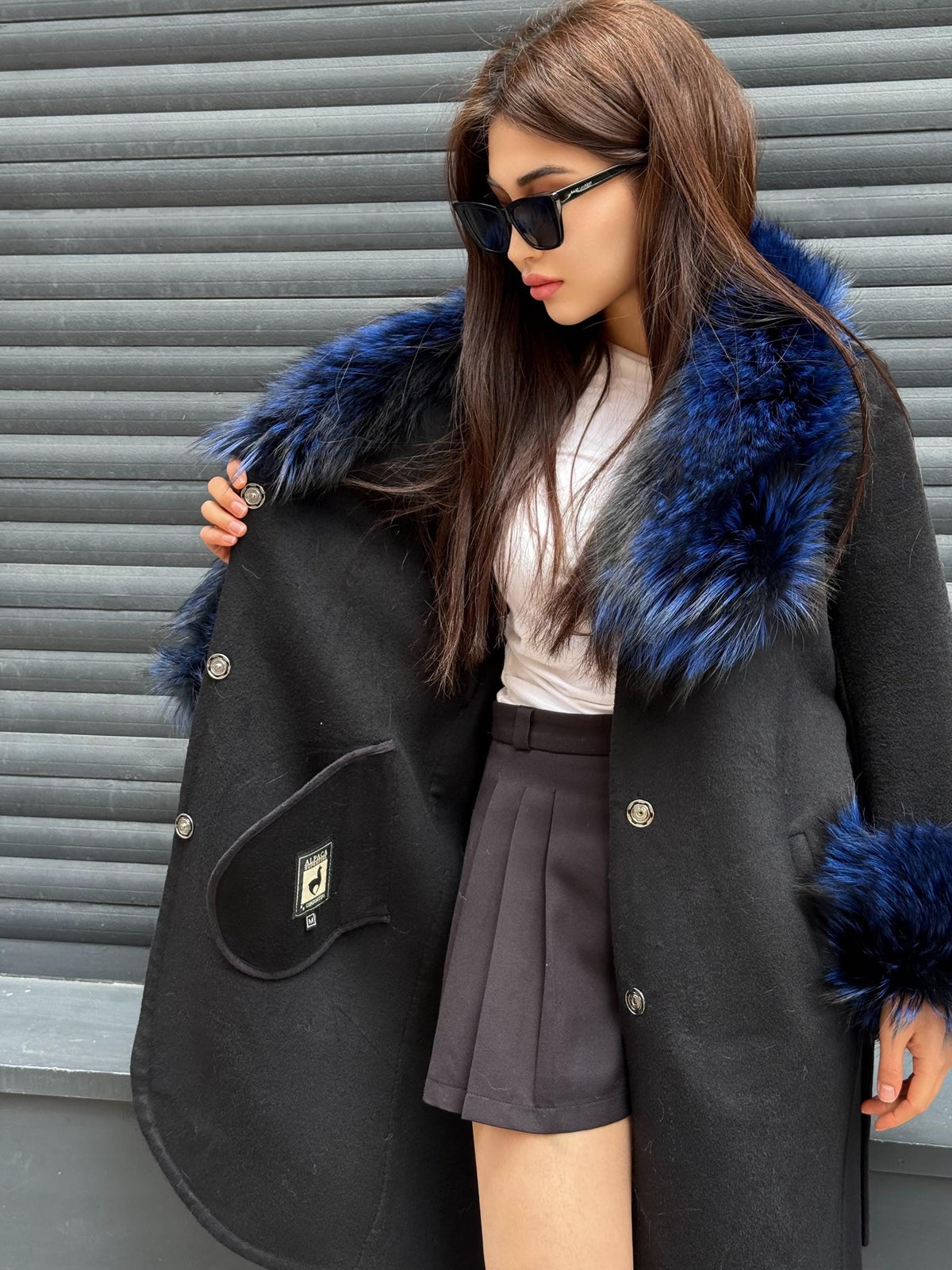 Black Handmade Alpaca Wool Coat with Blue Argentine Fox Fur | Women’s Luxury Warm Winter Outerwear | Natural Alpaca Wool Long Coat