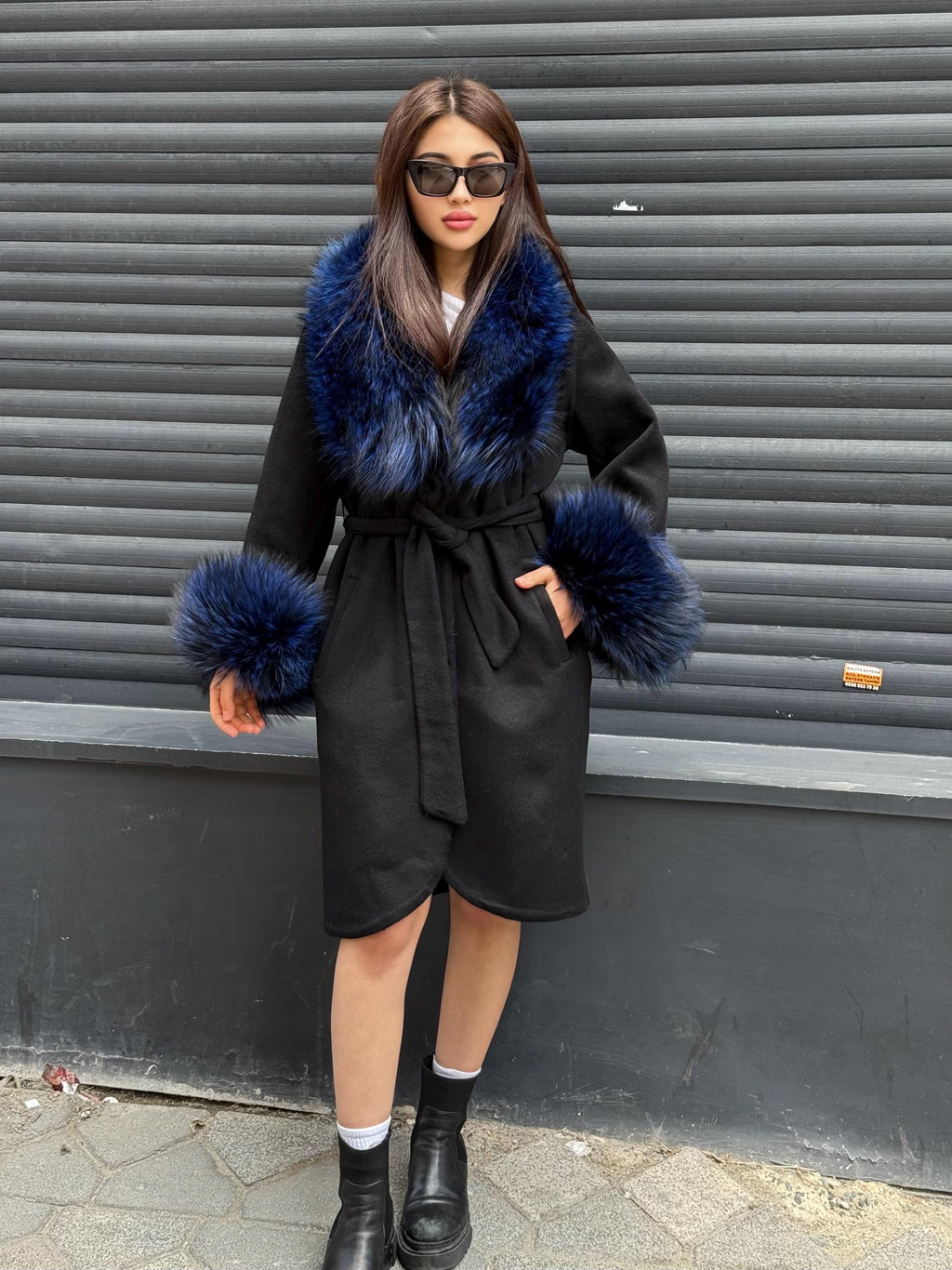 Black Handmade Alpaca Wool Coat with Blue Argentine Fox Fur | Women’s Luxury Warm Winter Outerwear | Natural Alpaca Wool Long Coat
