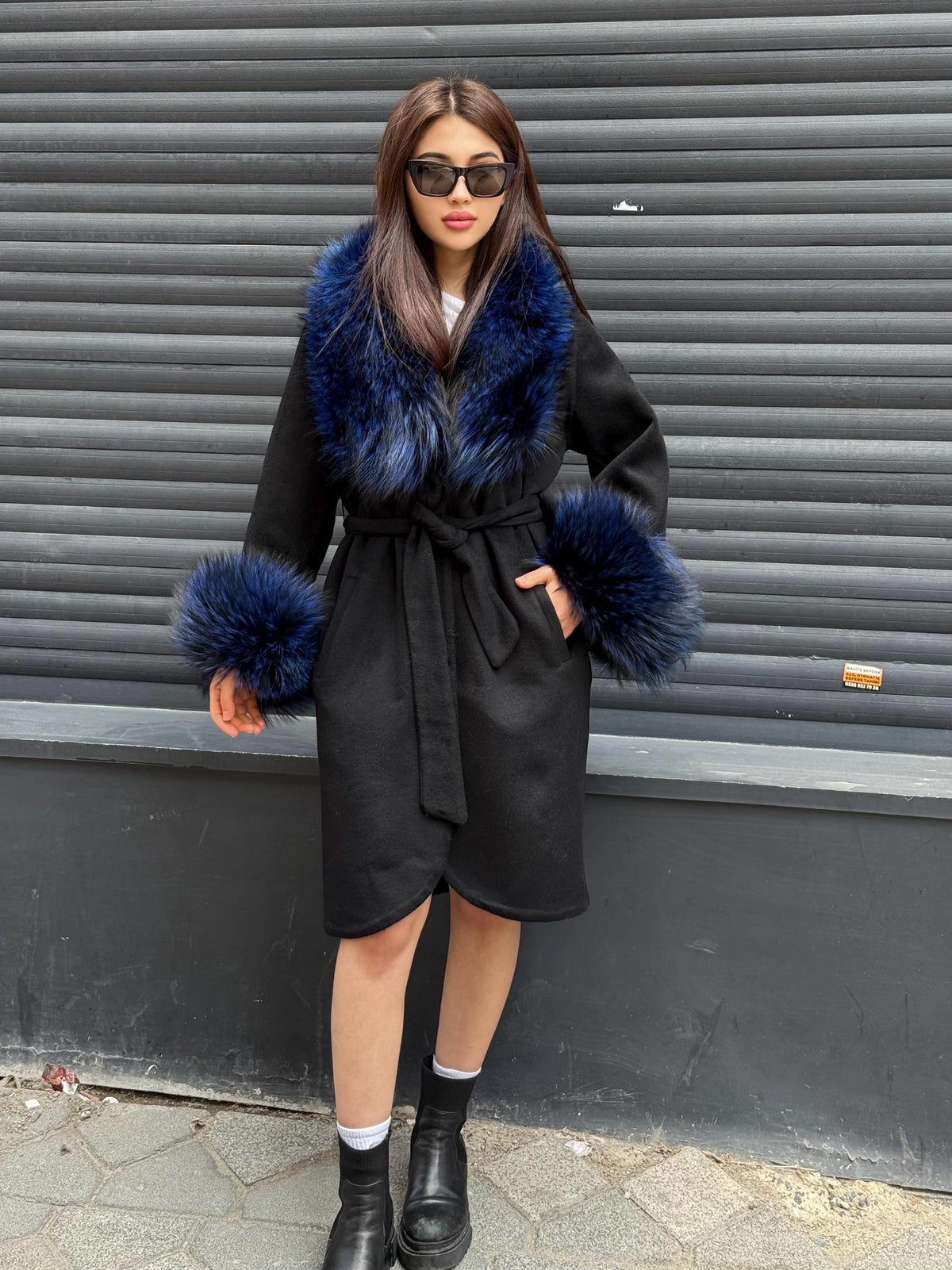 Black Handmade Alpaca Wool Coat with Blue Argentine Fox Fur | Women’s Luxury Warm Winter Outerwear | Natural Alpaca Wool Long Coat