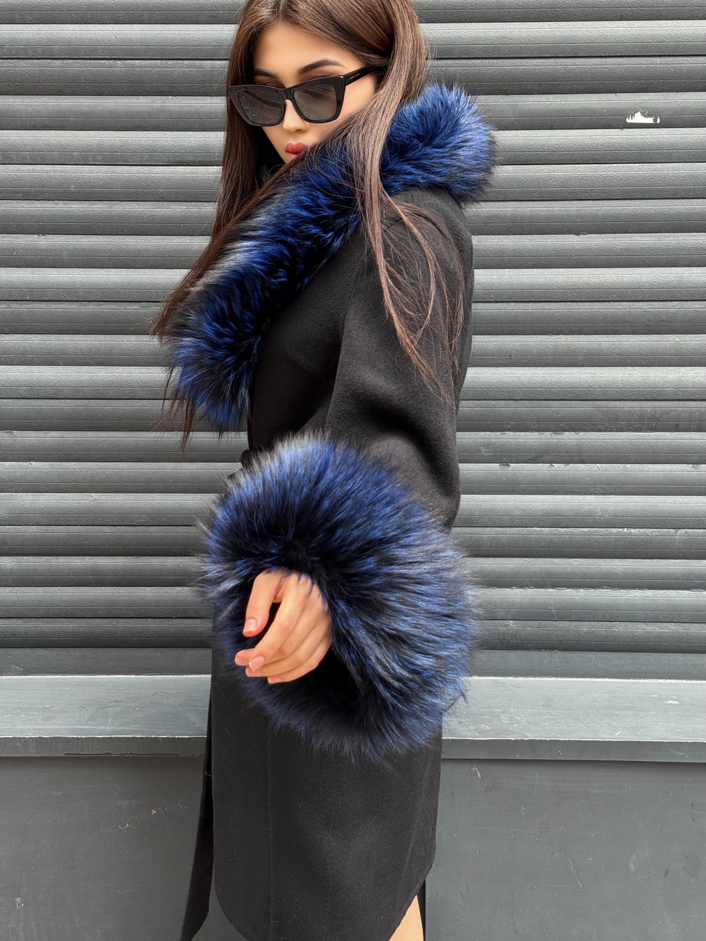 Black Handmade Alpaca Wool Coat with Blue Argentine Fox Fur | Women’s Luxury Warm Winter Outerwear | Natural Alpaca Wool Long Coat