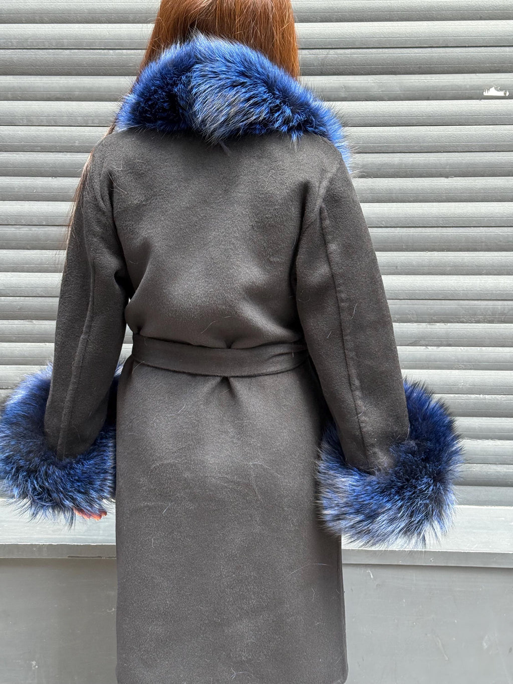 Black Handmade Alpaca Wool Coat with Blue Argentine Fox Fur | Women’s Luxury Warm Winter Outerwear | Natural Alpaca Wool Long Coat