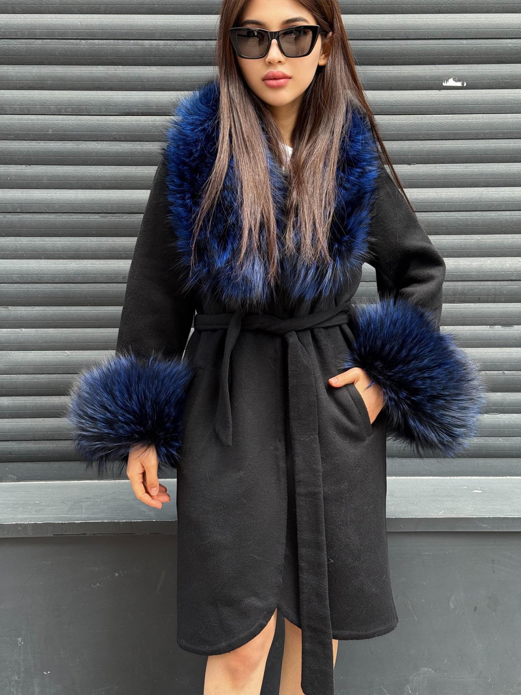 Black Handmade Alpaca Wool Coat with Blue Argentine Fox Fur | Women’s Luxury Warm Winter Outerwear | Natural Alpaca Wool Long Coat