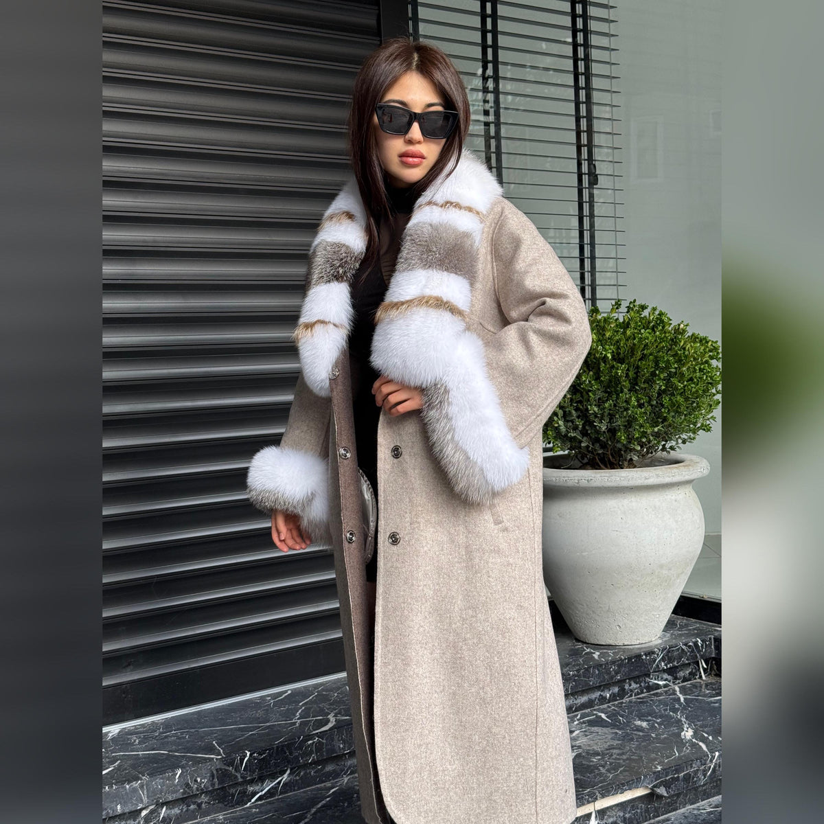 Beige Alpaca Wool Coat, Women’s Handmade Long Collar & Cuffs - Fox Fur Jacket