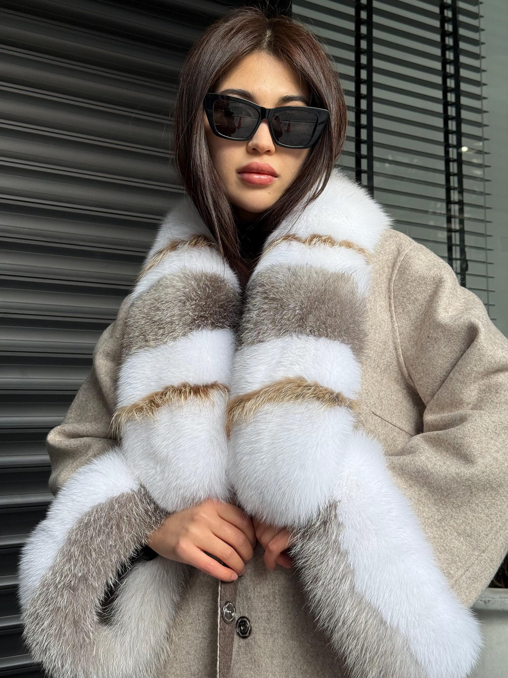 Beige Alpaca Wool Coat, Women’s Handmade Long Collar & Cuffs - Fox Fur Jacket
