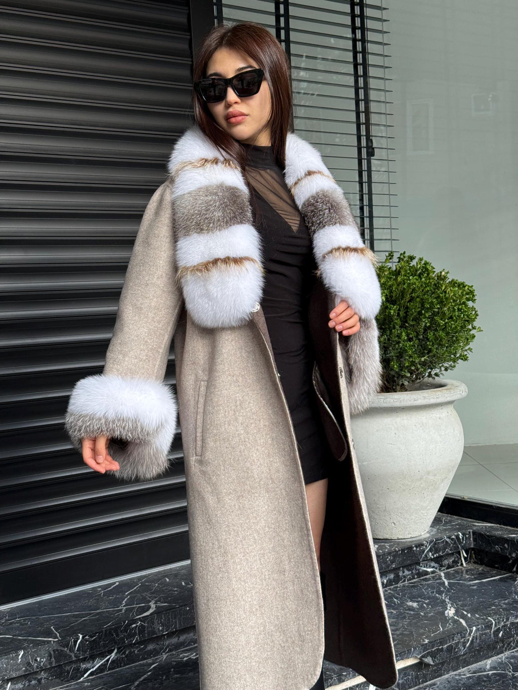 Beige Alpaca Wool Coat, Women’s Handmade Long Collar & Cuffs - Fox Fur Jacket