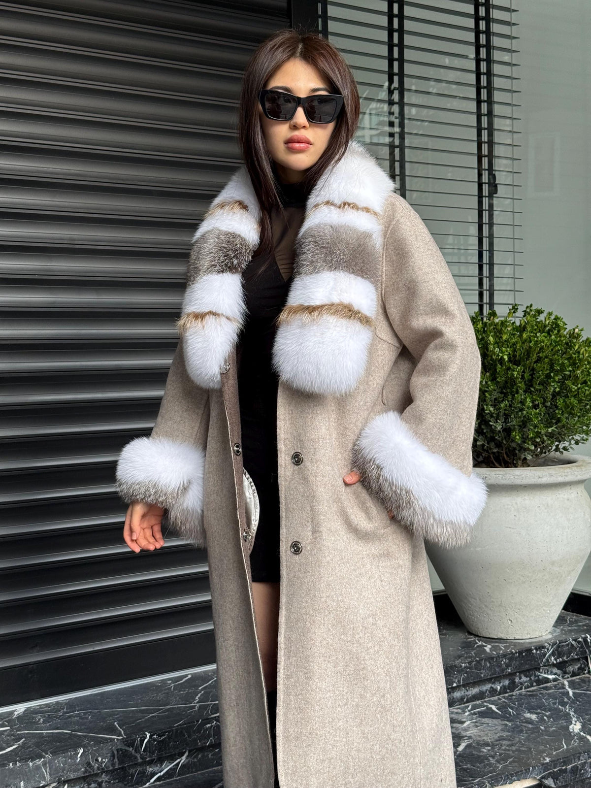 Beige Alpaca Wool Coat, Women’s Handmade Long Collar & Cuffs - Fox Fur Jacket