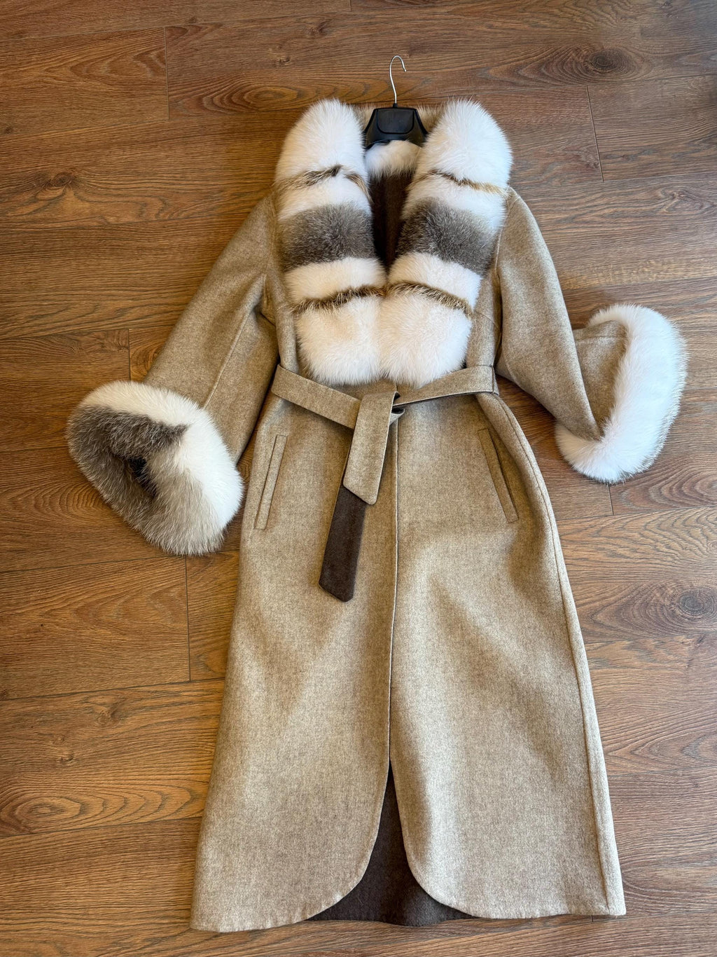 Beige Alpaca Wool Coat, Women’s Handmade Long Collar & Cuffs - Fox Fur Jacket