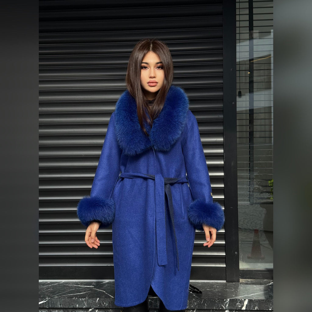 Sax Blue Alpaca Coat With Fox Fur Trim . Luxury Collar Cuffs Fox Fur Coat | Soft & Warm Handmade Wool Women’s Outerwear