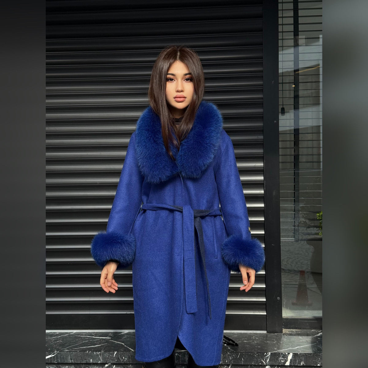 Sax Blue Alpaca Coat With Fox Fur Trim . Luxury Collar Cuffs Fox Fur Coat | Soft & Warm Handmade Wool Women’s Outerwear