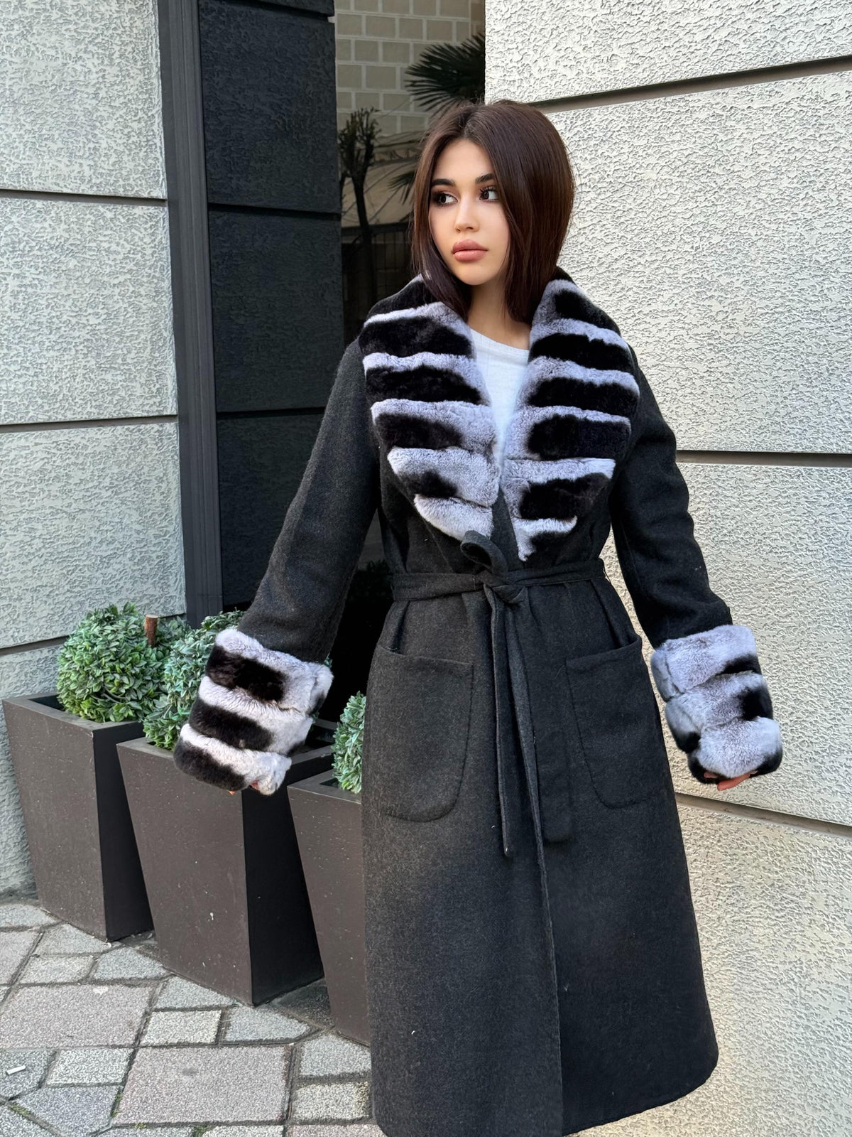 Black Handmade Women Alpaca Coat With Rex Fur | Luxury Wool Outwear | Soft Warm Natural Alpaca Wool Coat | All Colours Available