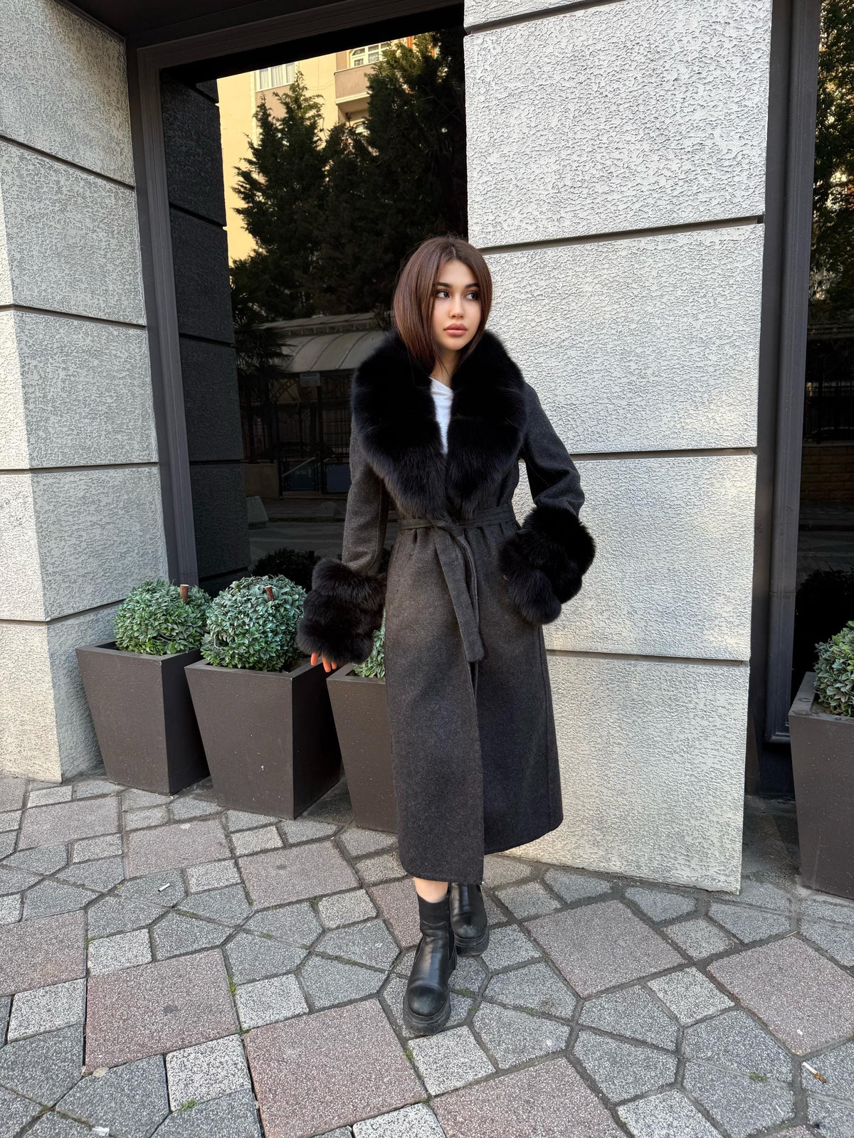 Black Handmade Women Alpaca Coat With Fox Fur , Luxury Wool Outwear | Soft Warm Natural Alpaca Wool Coat| All Colours Available