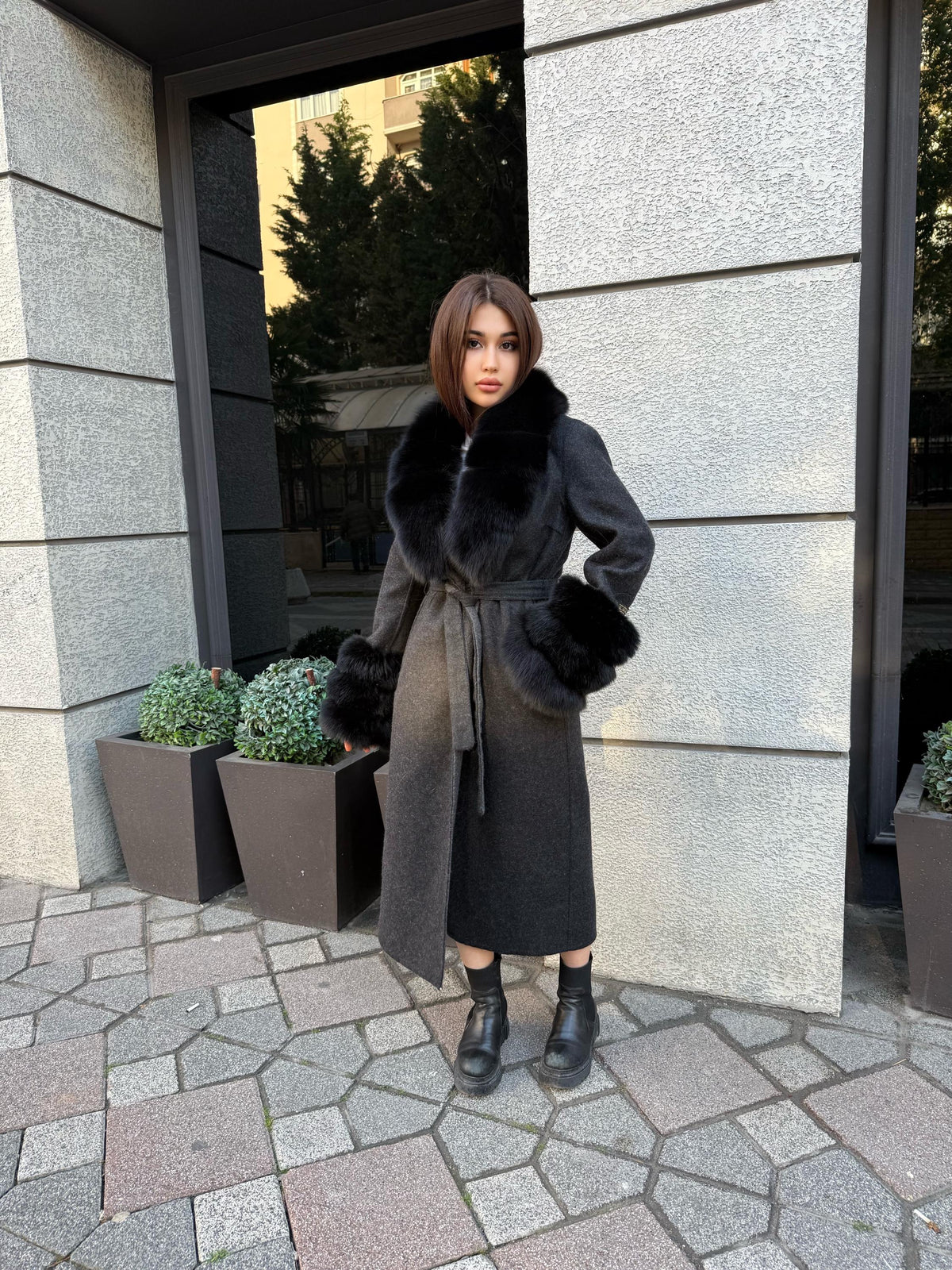 Black Handmade Women Alpaca Coat With Fox Fur , Luxury Wool Outwear | Soft Warm Natural Alpaca Wool Coat| All Colours Available