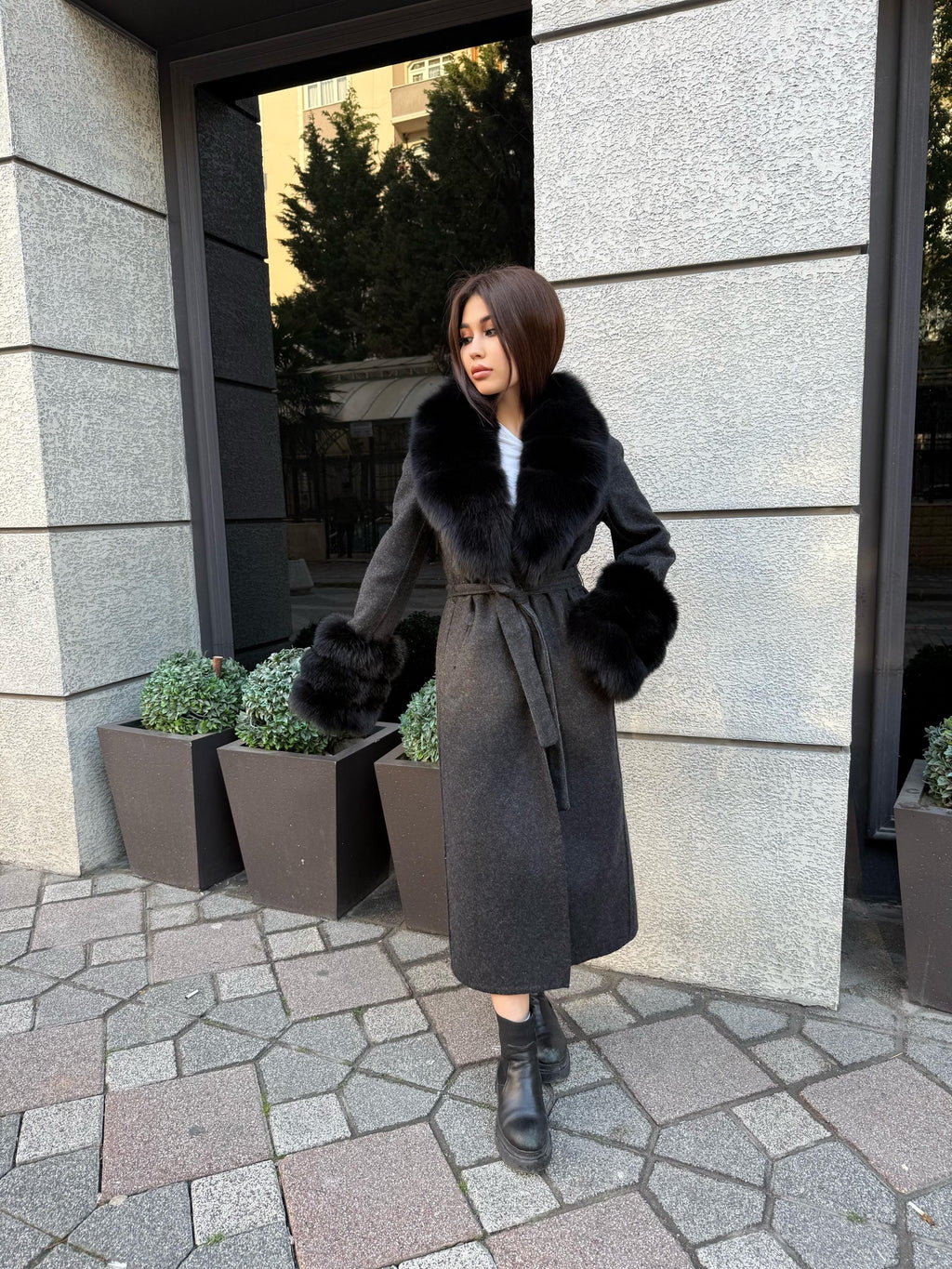 Black Handmade Women Alpaca Coat With Fox Fur , Luxury Wool Outwear | Soft Warm Natural Alpaca Wool Coat| All Colours Available