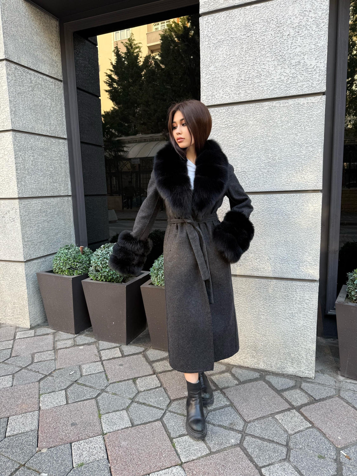 Black Handmade Women Alpaca Coat With Fox Fur , Luxury Wool Outwear | Soft Warm Natural Alpaca Wool Coat| All Colours Available