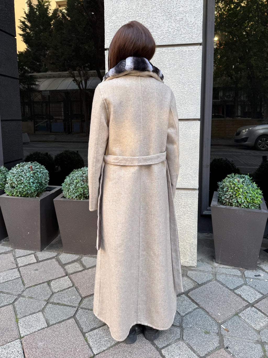 Beige Long Alpaca Wool Coat, Women’s Handmade Front Rex Fur Jacket