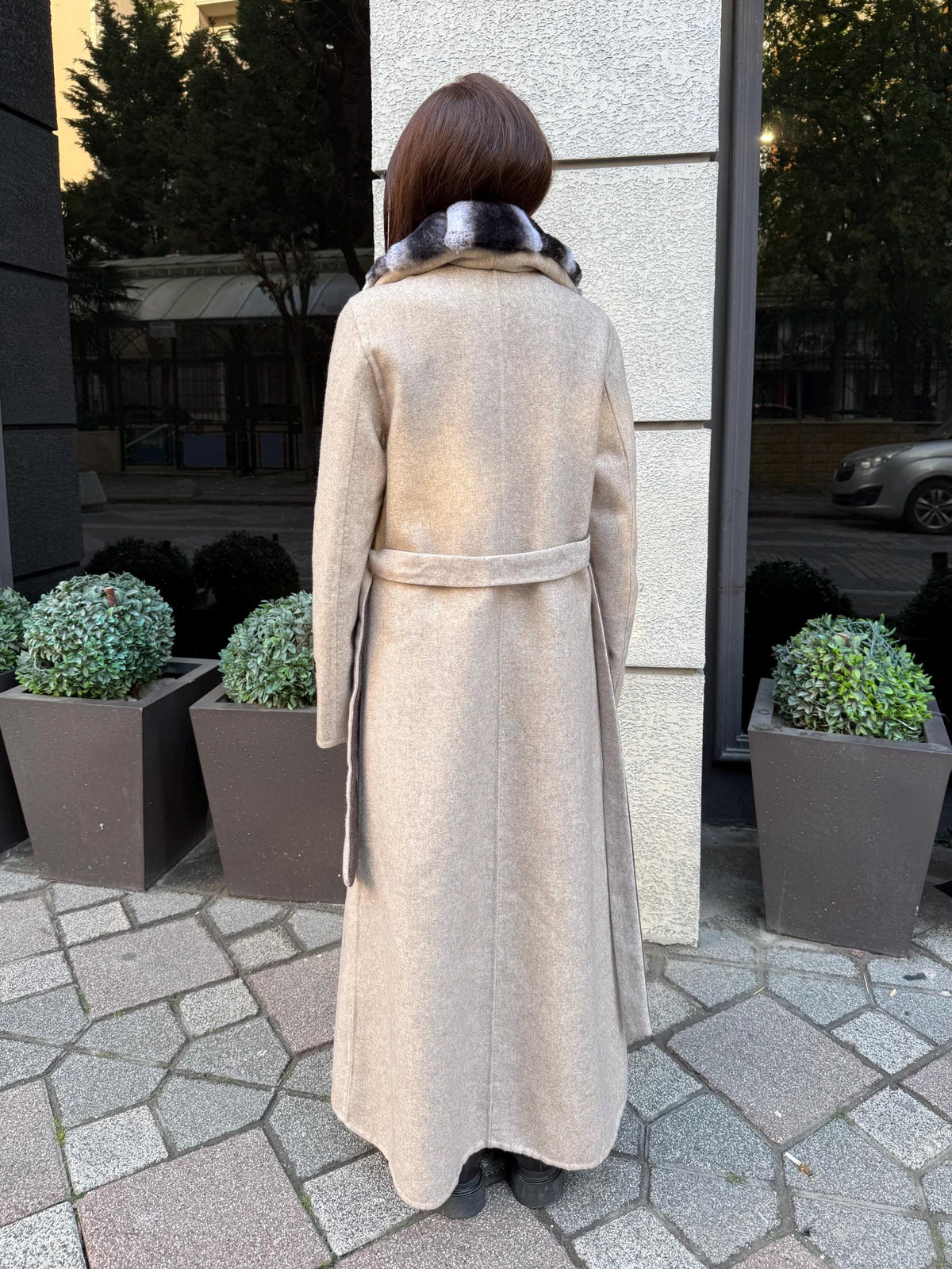 Beige Long Alpaca Wool Coat, Women’s Handmade Front Rex Fur Jacket