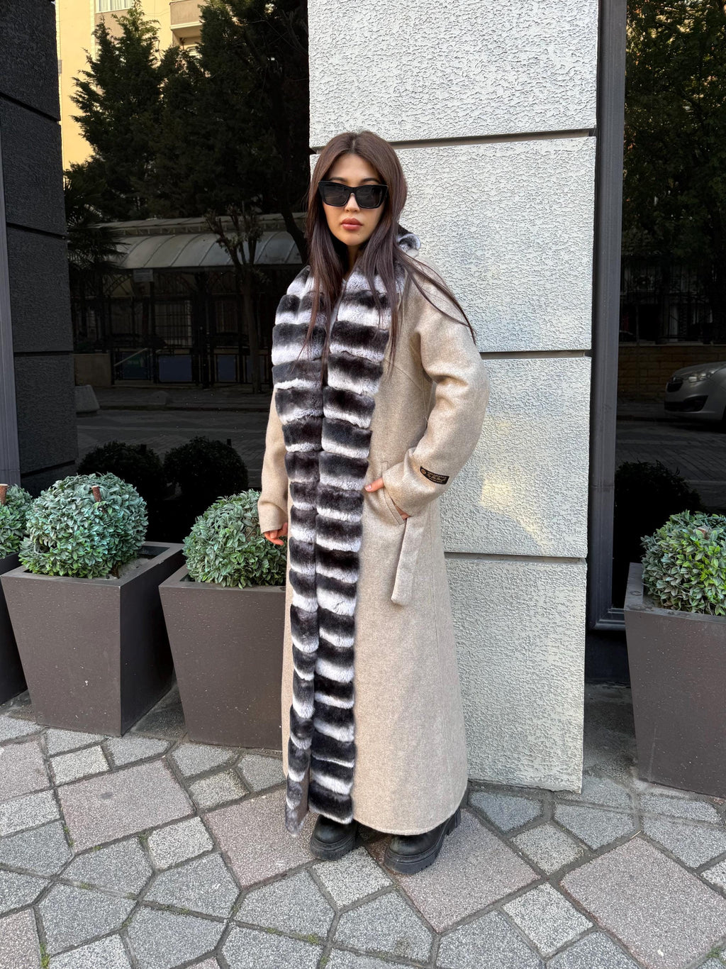 Beige Long Alpaca Wool Coat, Women’s Handmade Front Rex Fur Jacket