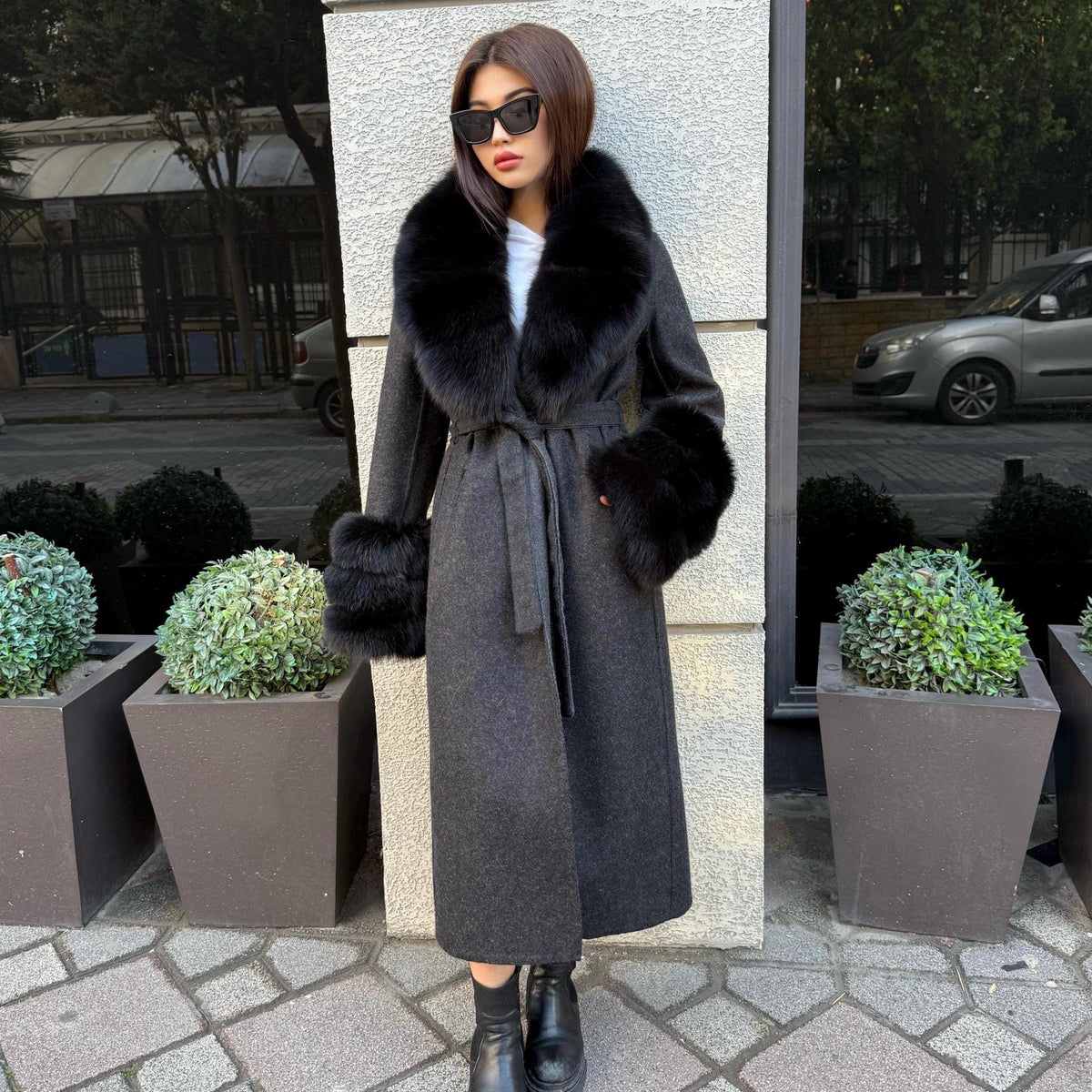 Black Handmade Women Alpaca Coat With Fox Fur , Luxury Wool Outwear | Soft Warm Natural Alpaca Wool Coat| All Colours Available