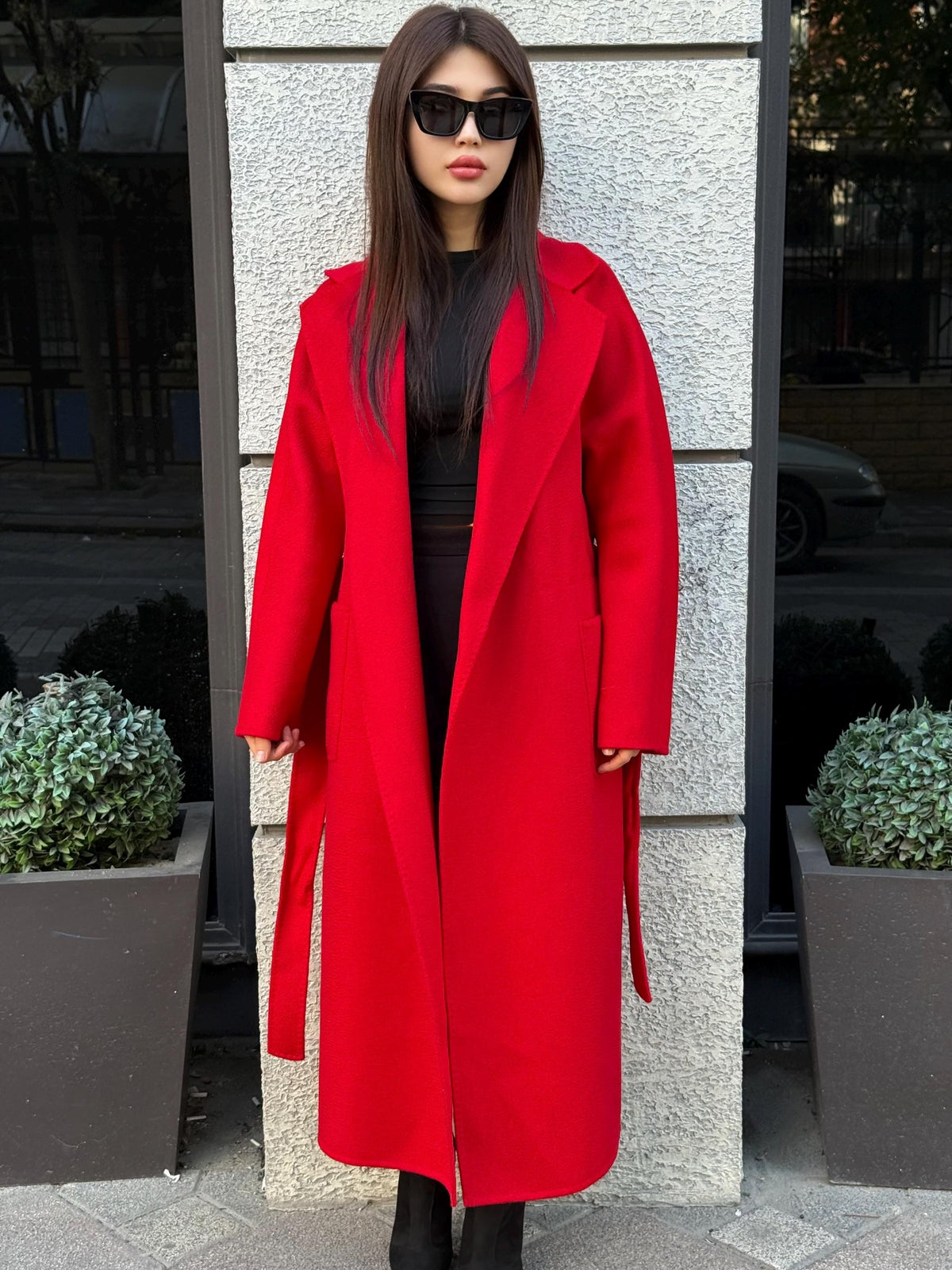 Women’s Red Long Zibellino Alpaca Coat, Handmade Luxury Virgin Wool Jacket