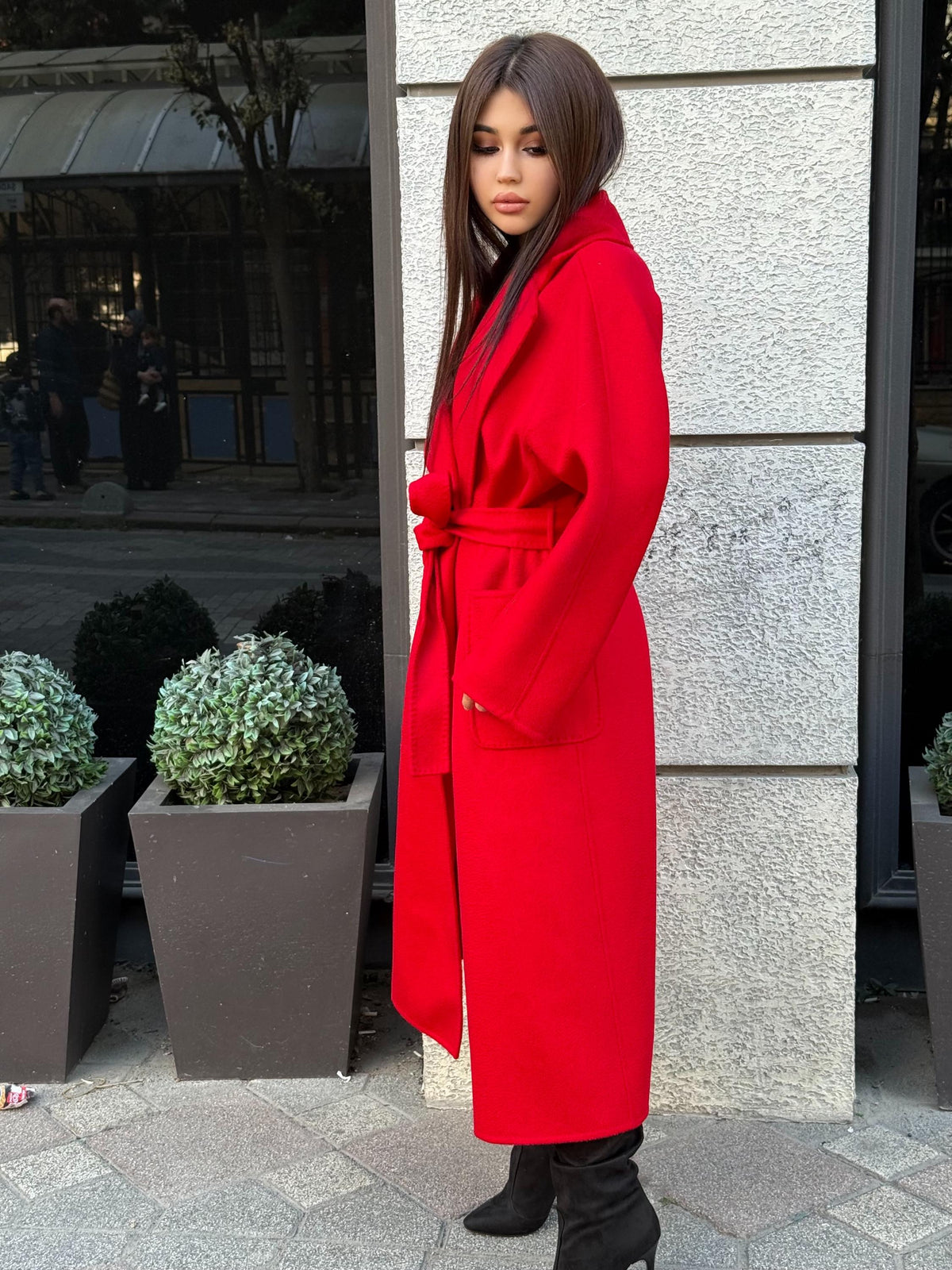 Women’s Red Long Zibellino Alpaca Coat, Handmade Luxury Virgin Wool Jacket