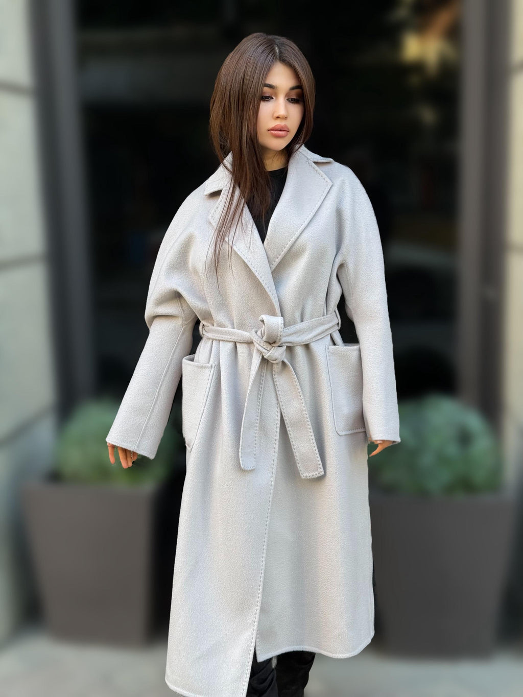 Women’s Stone Long Zibellino Alpaca Coat, Handmade Luxury Virgin Wool Jacket