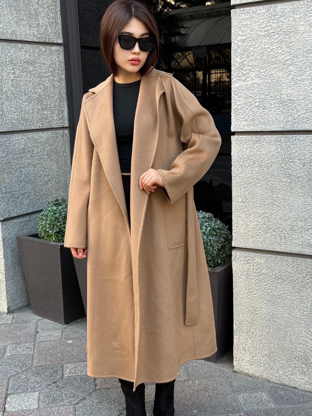 Women’s Camel Long Zibellino Alpaca Coat, Handmade Luxury Virgin Wool Jacket