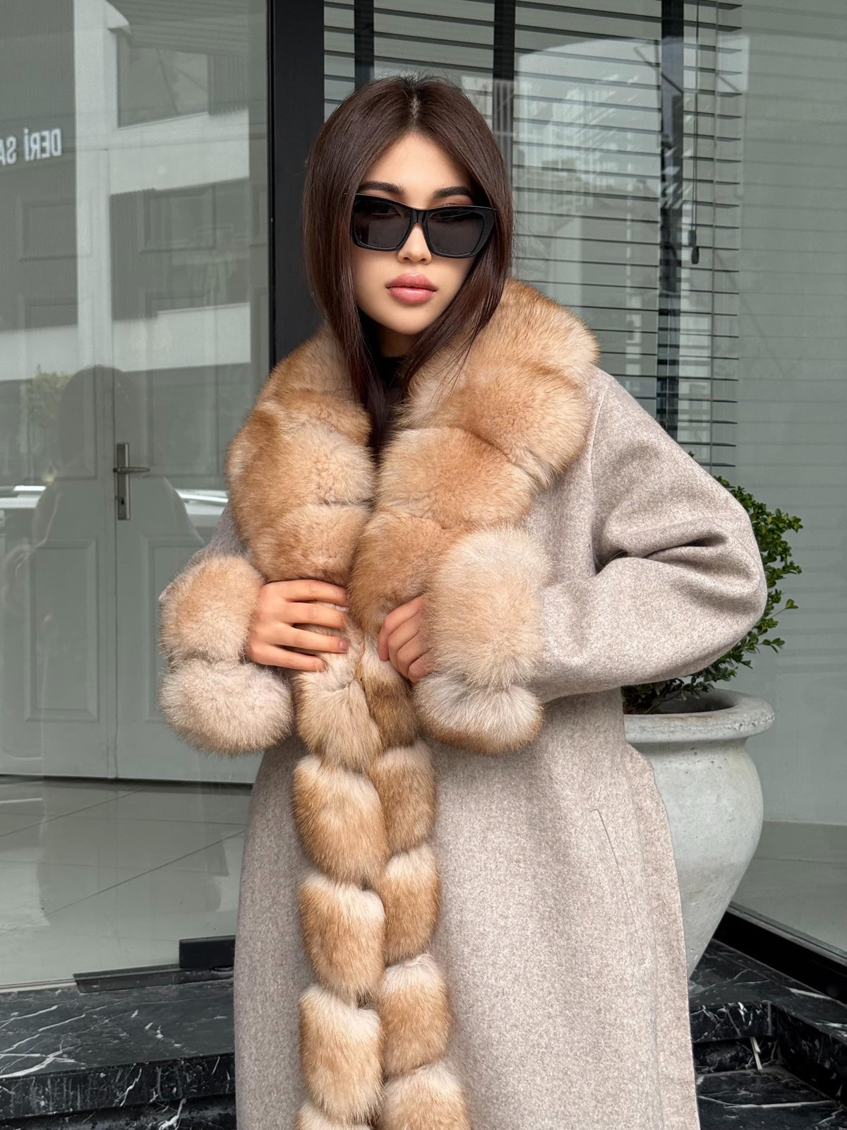 Beige Long Alpaca Wool Coat, Women’s Handmade Front & Cuffs - Fox Fur Jacket