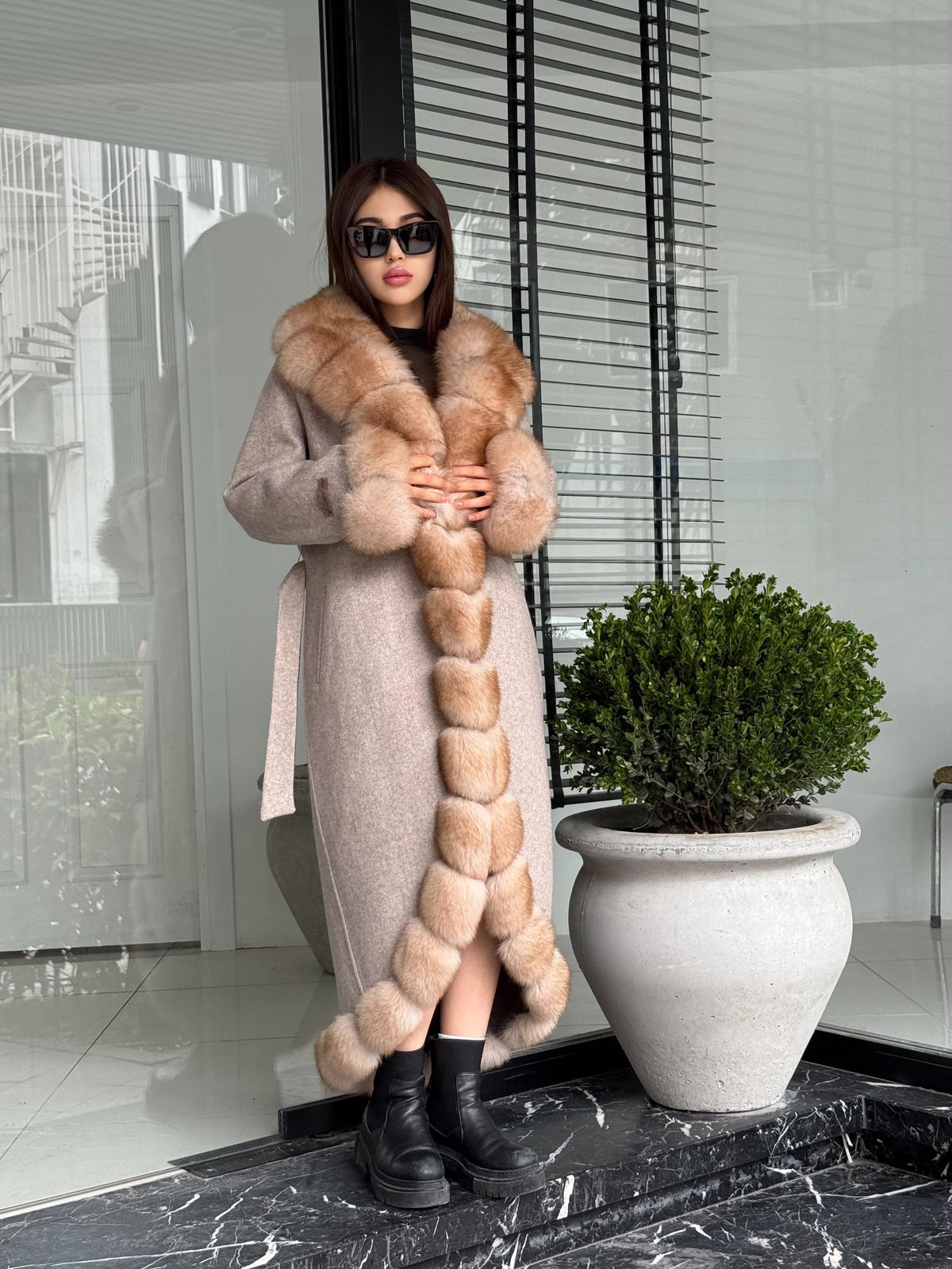 Beige Long Alpaca Wool Coat, Women’s Handmade Front & Cuffs - Fox Fur Jacket