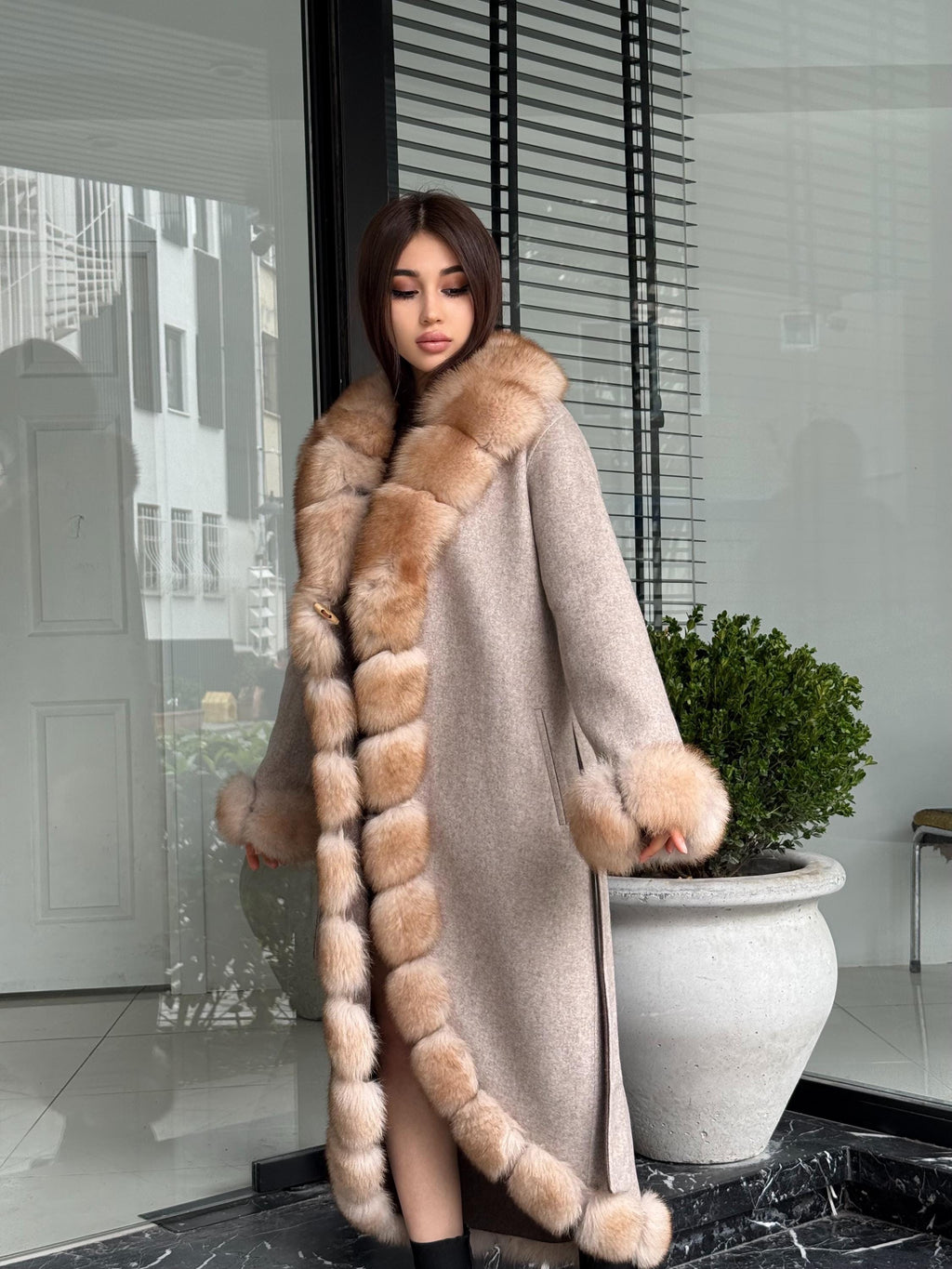 Beige Long Alpaca Wool Coat, Women’s Handmade Front & Cuffs - Fox Fur Jacket