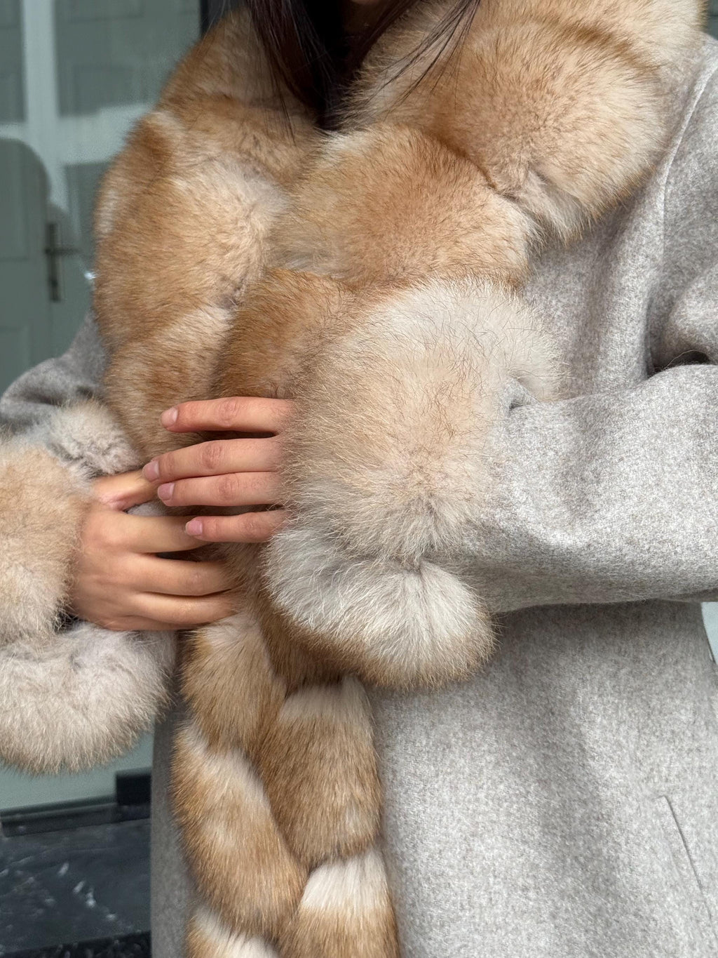 Beige Long Alpaca Wool Coat, Women’s Handmade Front & Cuffs - Fox Fur Jacket