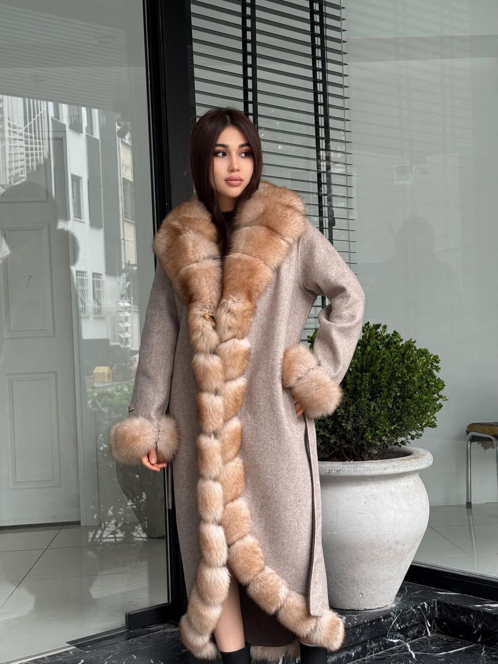 Beige Long Alpaca Wool Coat, Women’s Handmade Front & Cuffs - Fox Fur Jacket