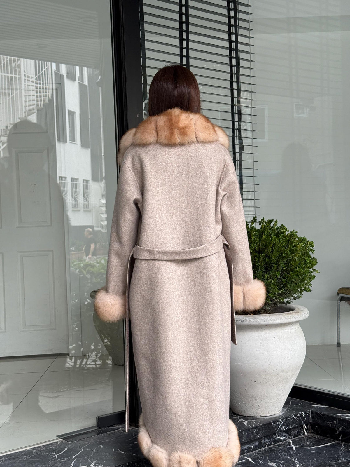 Beige Long Alpaca Wool Coat, Women’s Handmade Front & Cuffs - Fox Fur Jacket