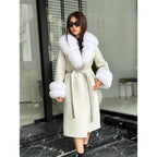 White Handmade Women Alpaca Coat With Fox Fur , Luxury Outwear | Natural Alpaca Wool Coat | Soft & Warm – Handmade Women’s Outerwear