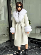 White Handmade Women Alpaca Coat With Fox Fur , Luxury Outwear | Natural Alpaca Wool Coat | Soft & Warm – Handmade Women’s Outerwear