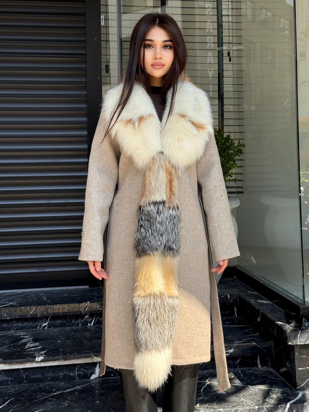 Women Beige Alpaca Wool Coat With Fur Trim, Handmade Luxury Front Fox Fur Jacket