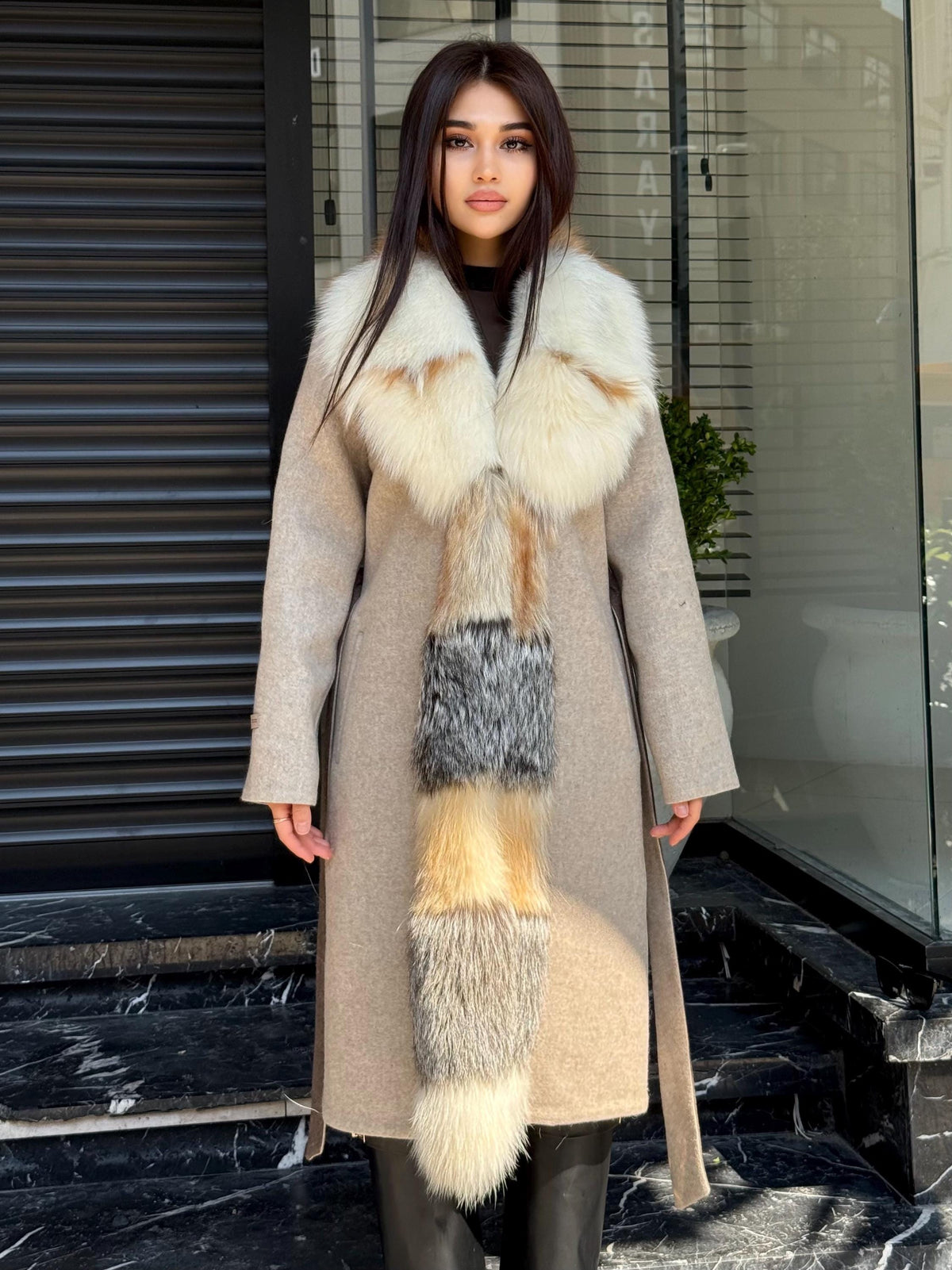 Women Beige Alpaca Wool Coat With Fur Trim, Handmade Luxury Front Fox Fur Jacket