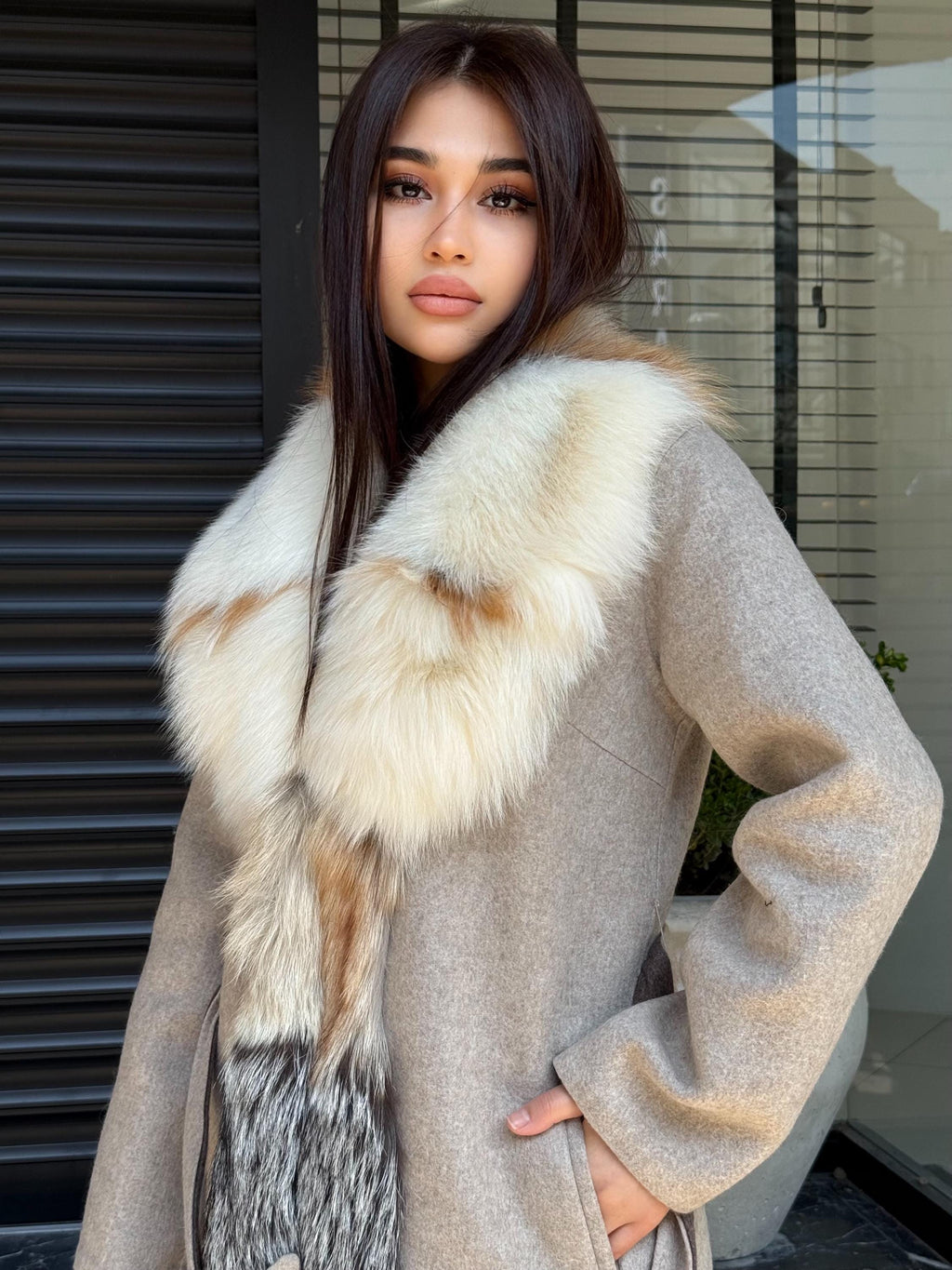 Women Beige Alpaca Wool Coat With Fur Trim, Handmade Luxury Front Fox Fur Jacket