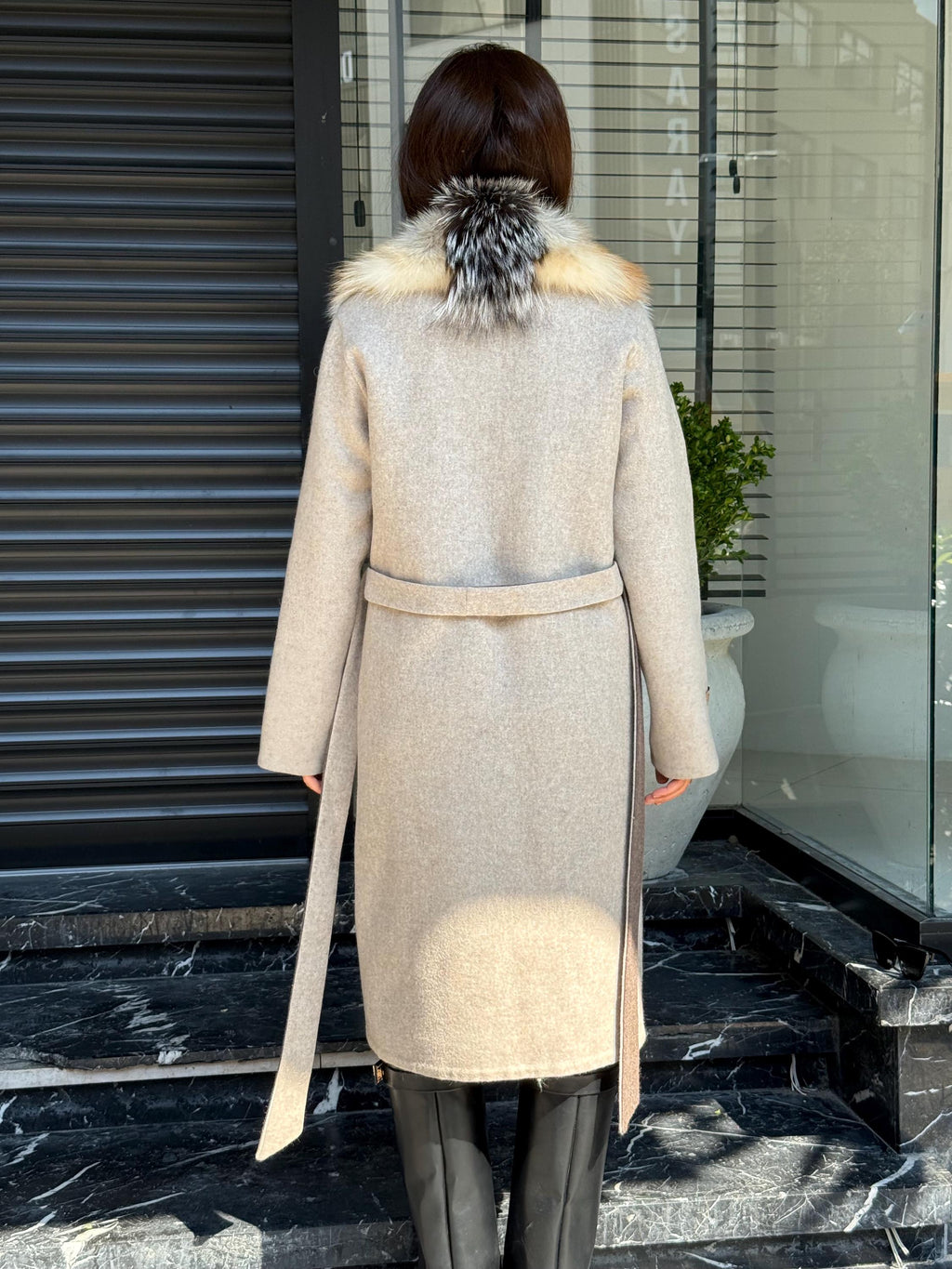 Women Beige Alpaca Wool Coat With Fur Trim, Handmade Luxury Front Fox Fur Jacket