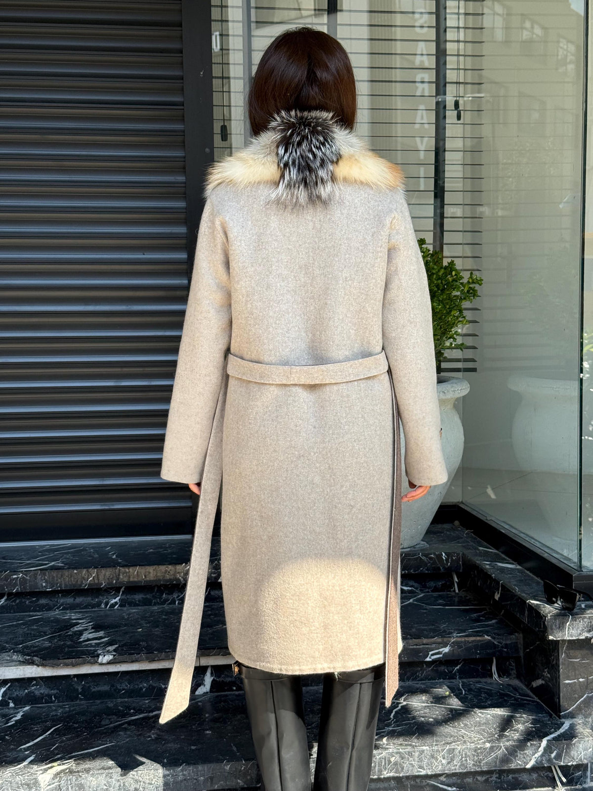Women Beige Alpaca Wool Coat With Fur Trim, Handmade Luxury Front Fox Fur Jacket