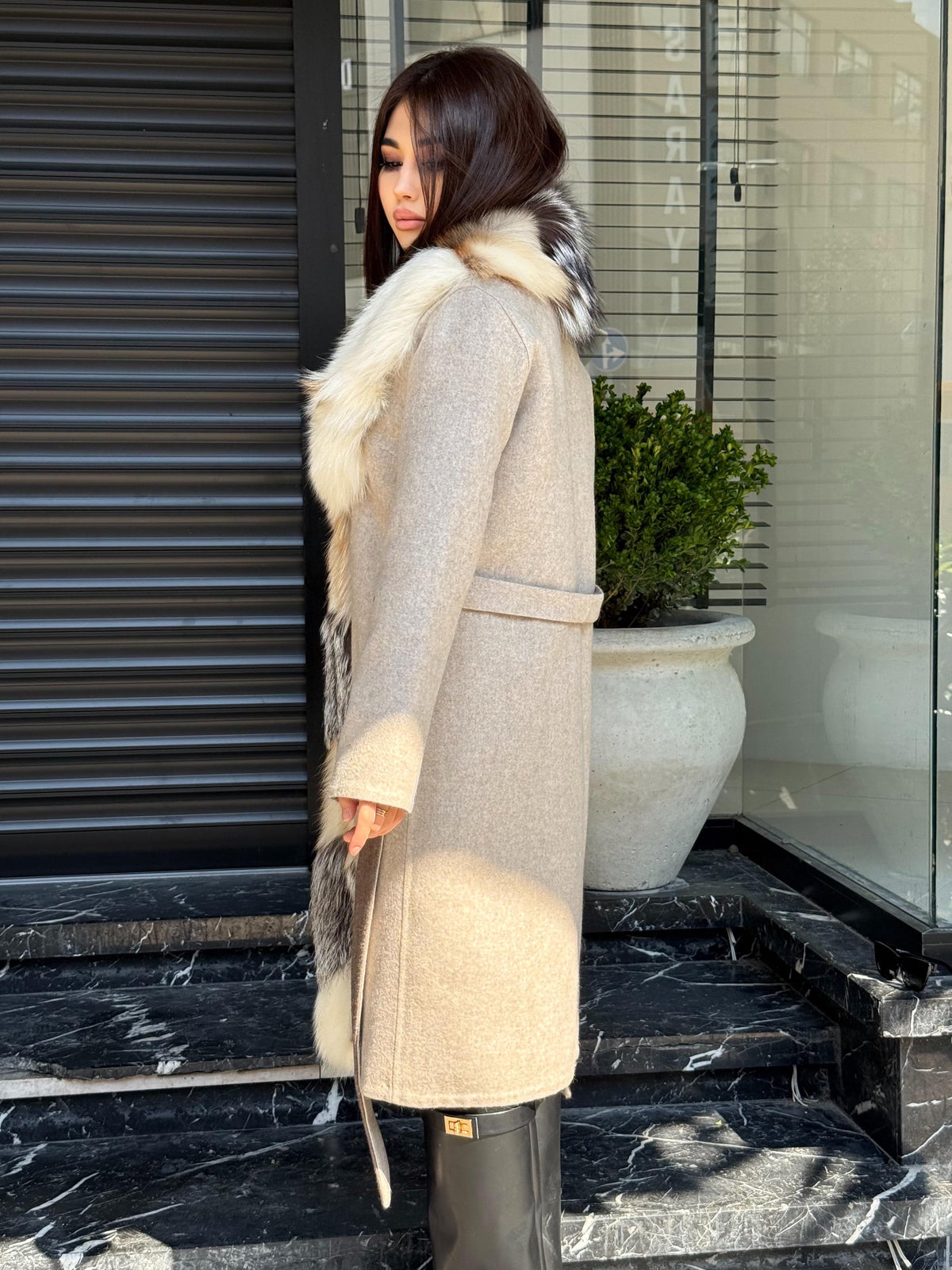 Women Beige Alpaca Wool Coat With Fur Trim, Handmade Luxury Front Fox Fur Jacket