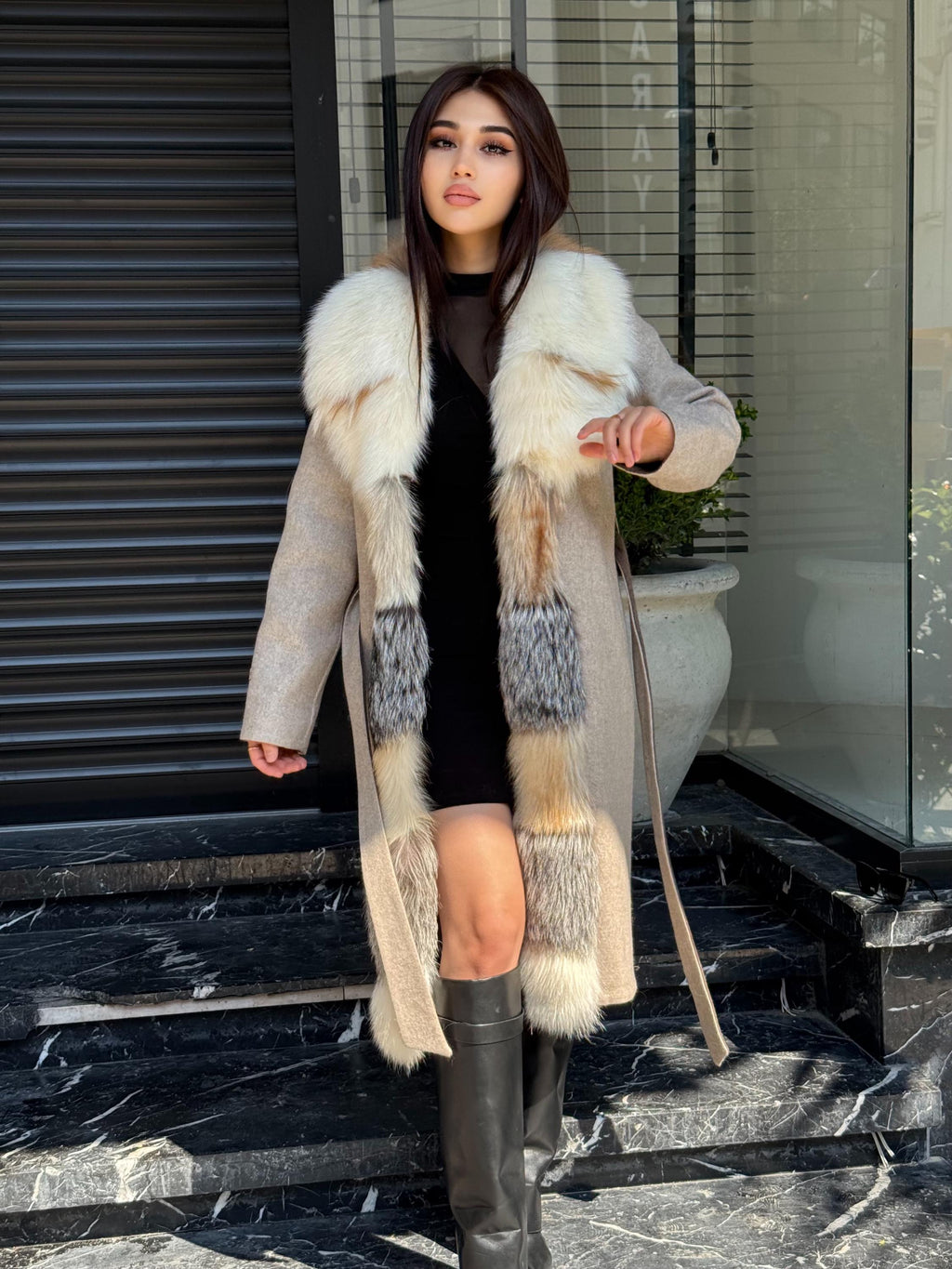 Women Beige Alpaca Wool Coat With Fur Trim, Handmade Luxury Front Fox Fur Jacket