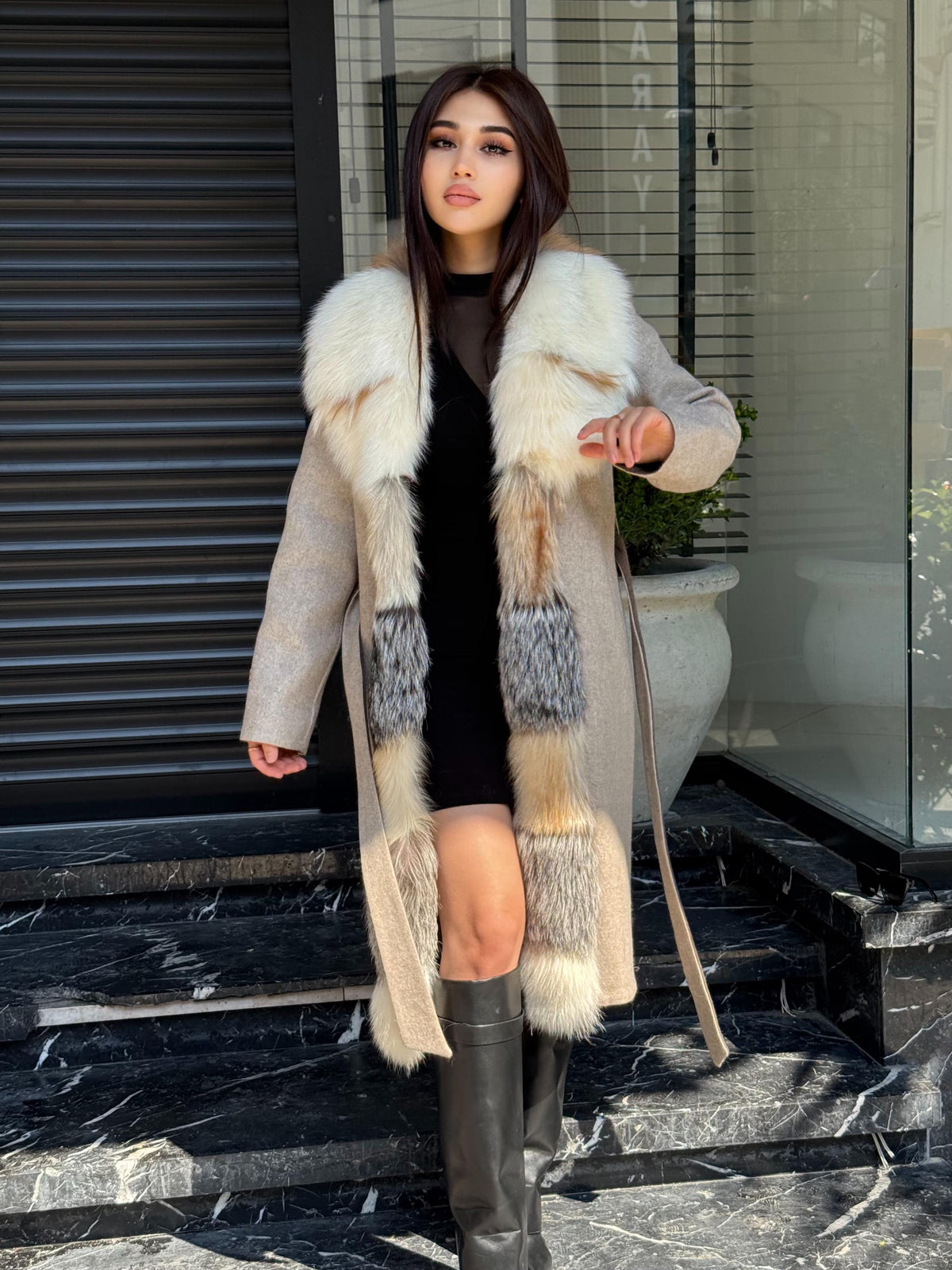 Women Beige Alpaca Wool Coat With Fur Trim, Handmade Luxury Front Fox Fur Jacket