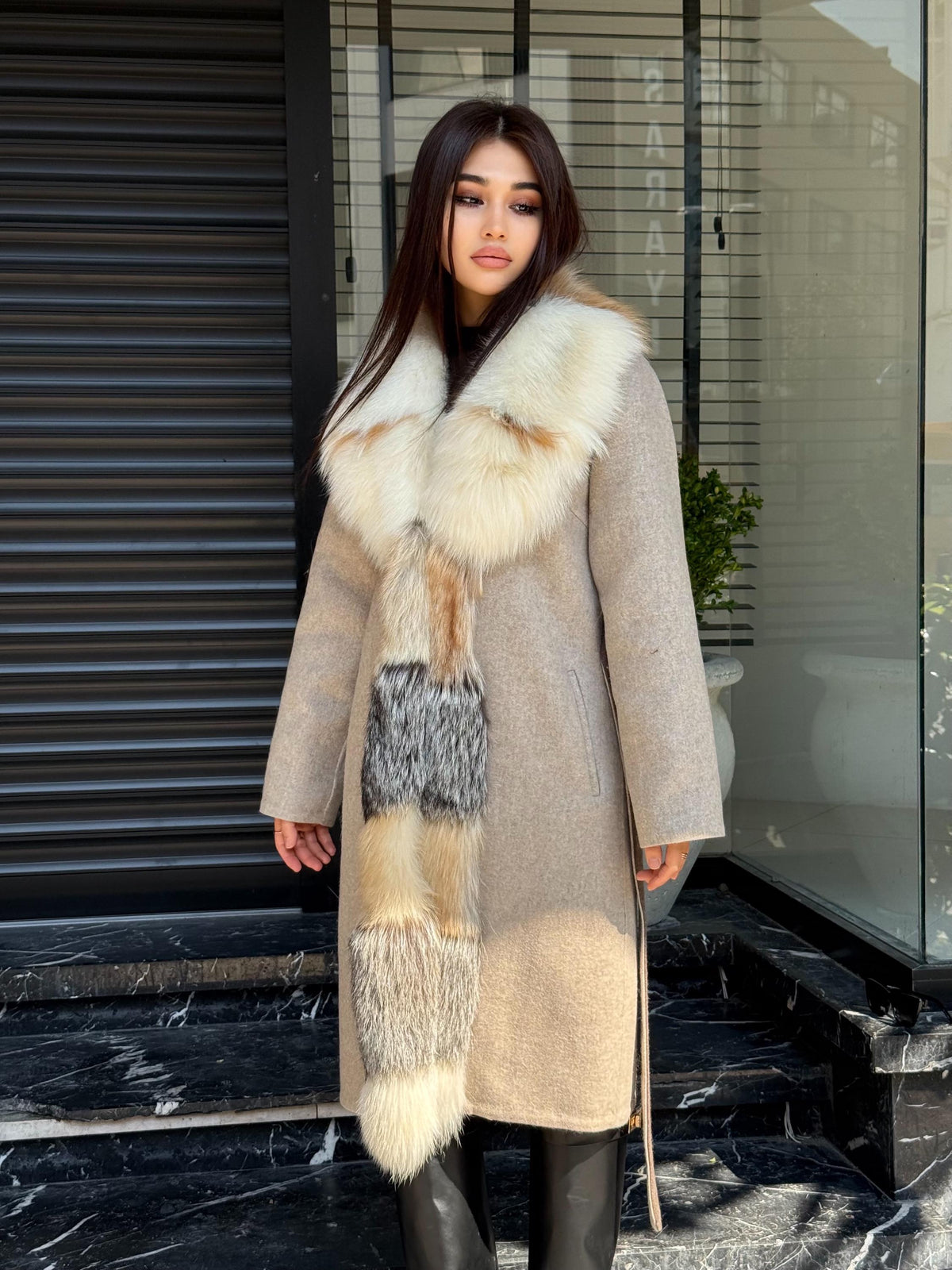 Women Beige Alpaca Wool Coat With Fur Trim, Handmade Luxury Front Fox Fur Jacket