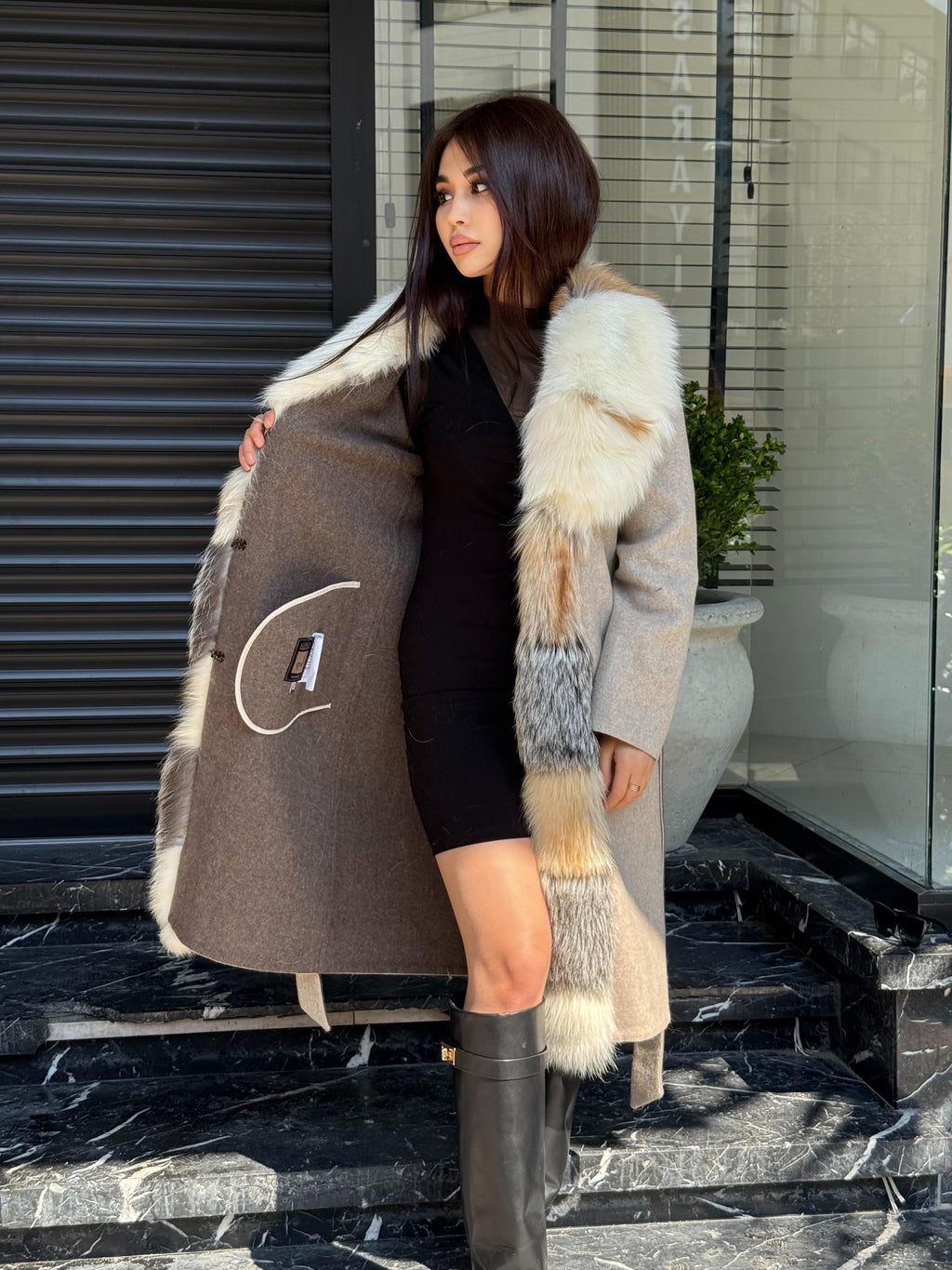 Women Beige Alpaca Wool Coat With Fur Trim, Handmade Luxury Front Fox Fur Jacket