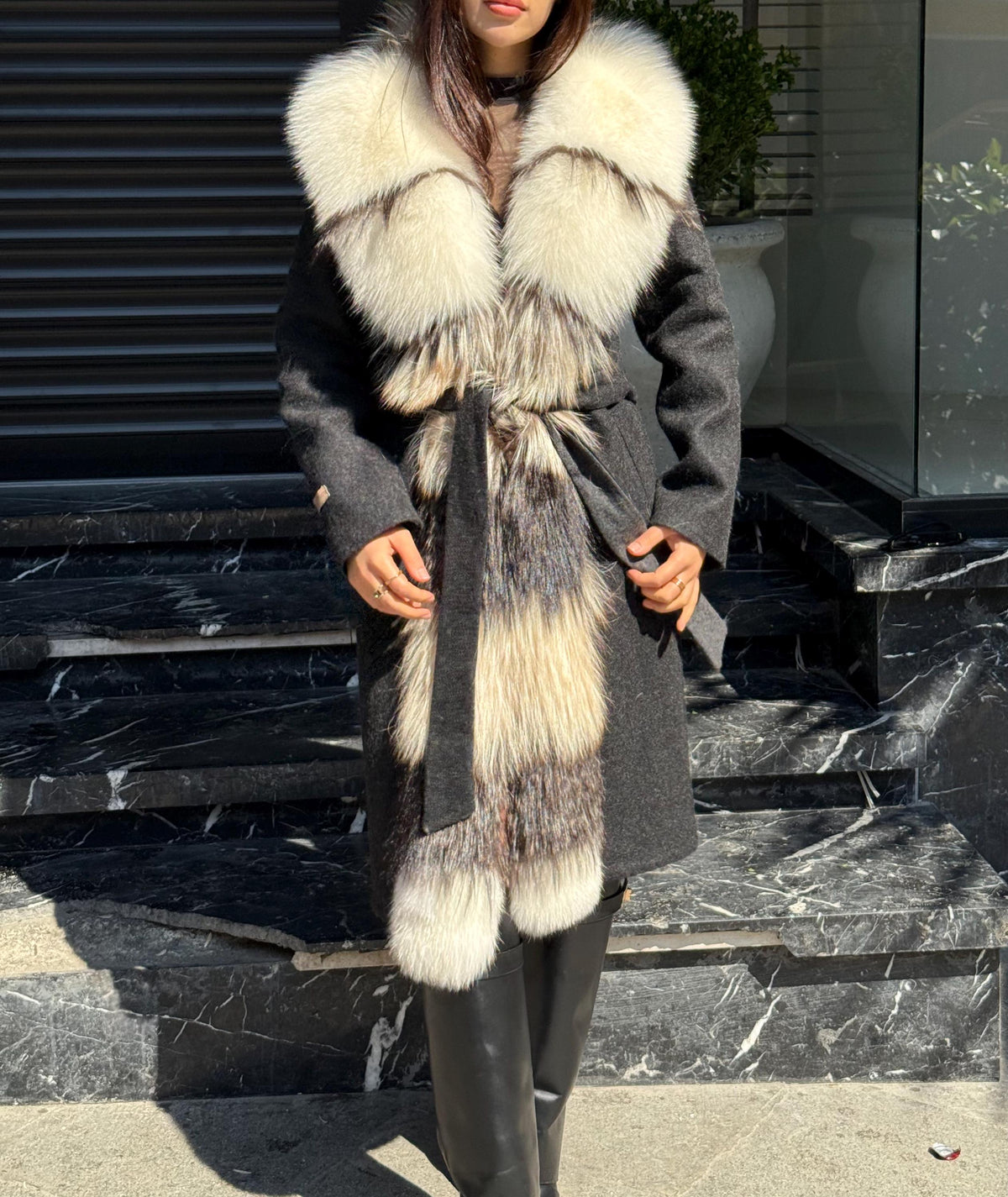 Black Long Alpaca Wool Coat With Fur Trim, Luxury Handmade Women Front Frost Fox Fur Jacket