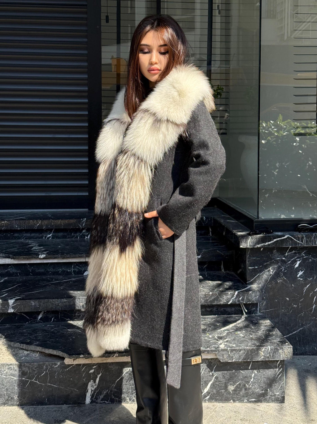 Black Long Alpaca Wool Coat With Fur Trim, Luxury Handmade Women Front Frost Fox Fur Jacket